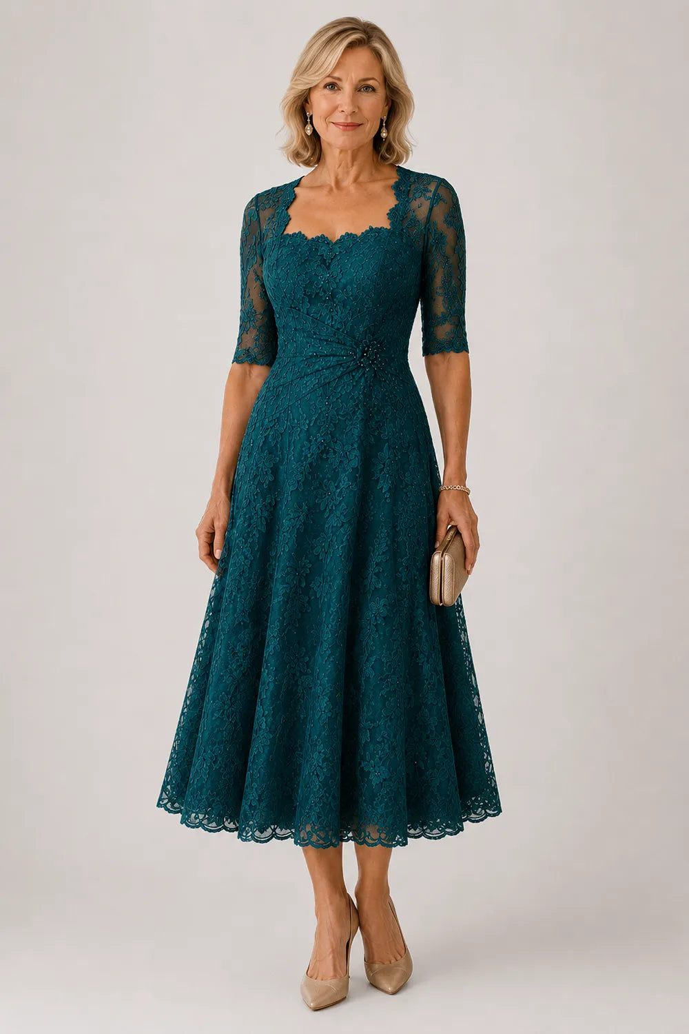 Sheer Lace Sleeve Tea Length Formal Dress