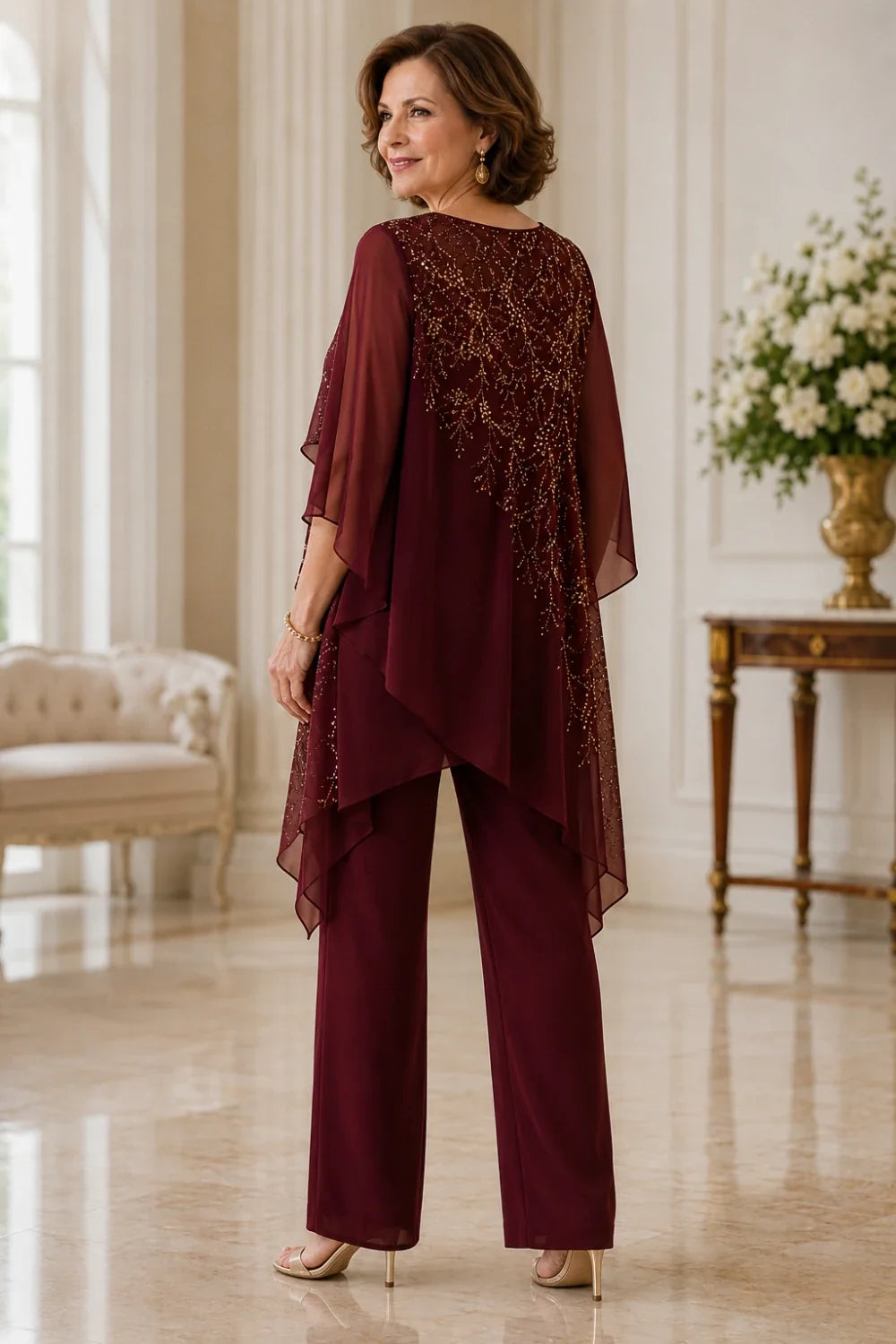 Embroidered Chiffon Overlay Mother of the Bride Pant Suit