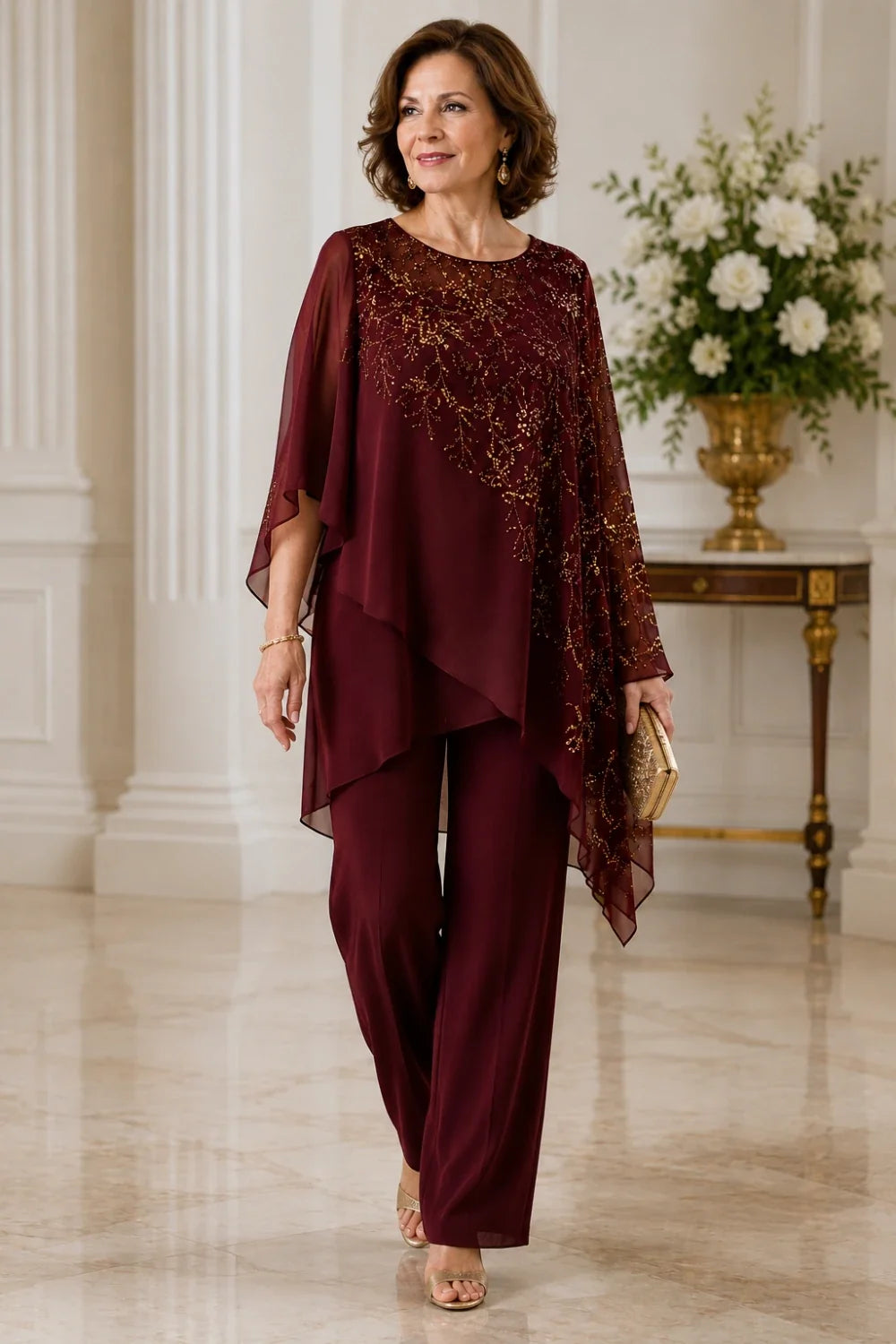 Embroidered Chiffon Overlay Mother of the Bride Pant Suit
