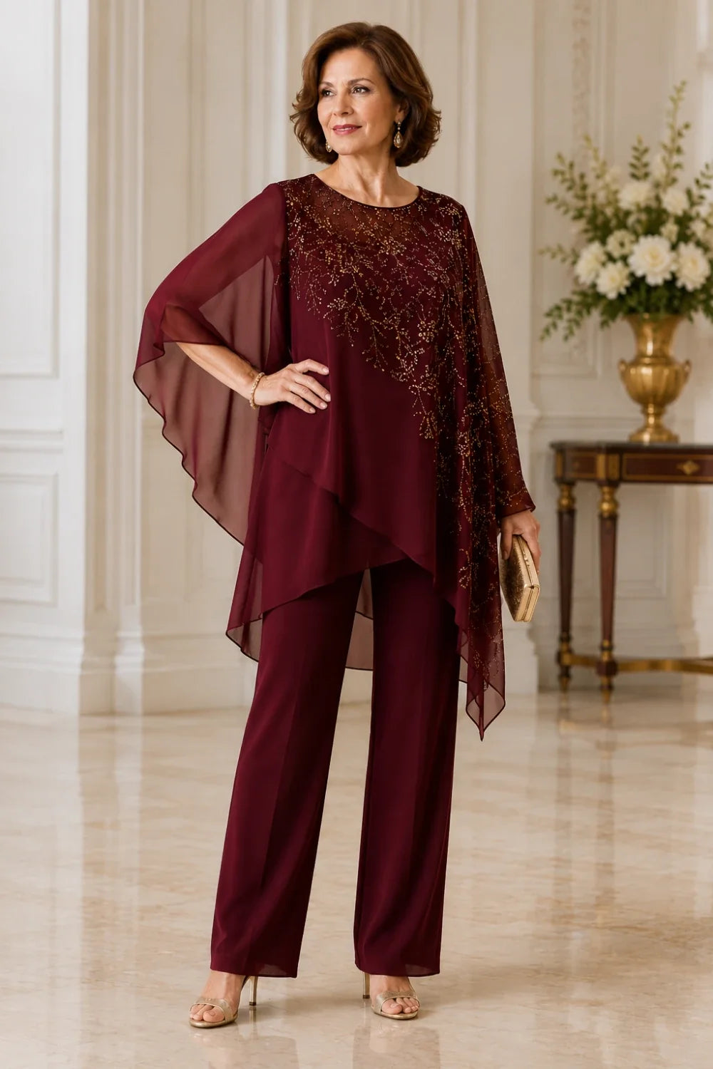 Embroidered Chiffon Overlay Mother of the Bride Pant Suit