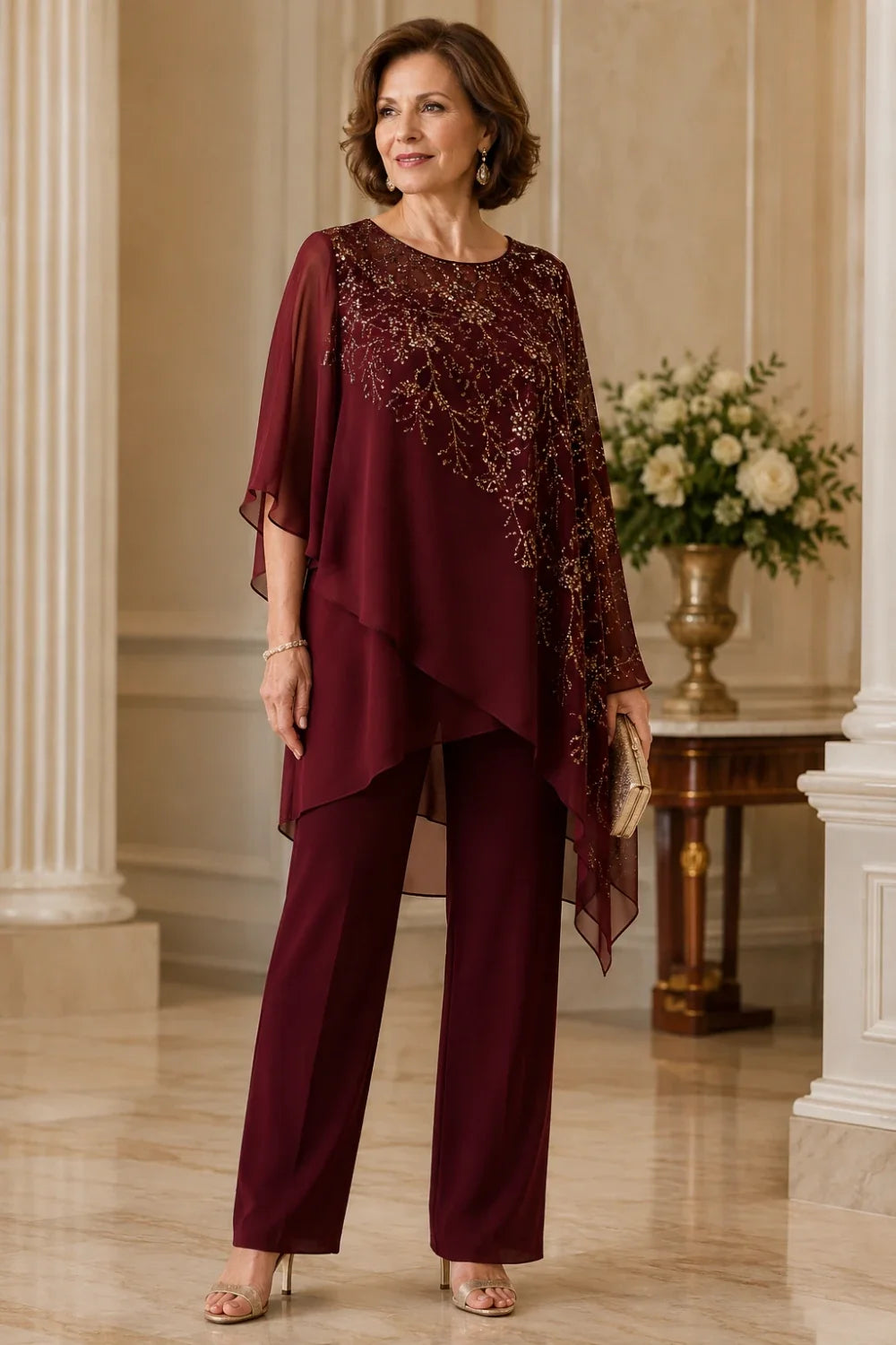 Embroidered Chiffon Overlay Mother of the Bride Pant Suit
