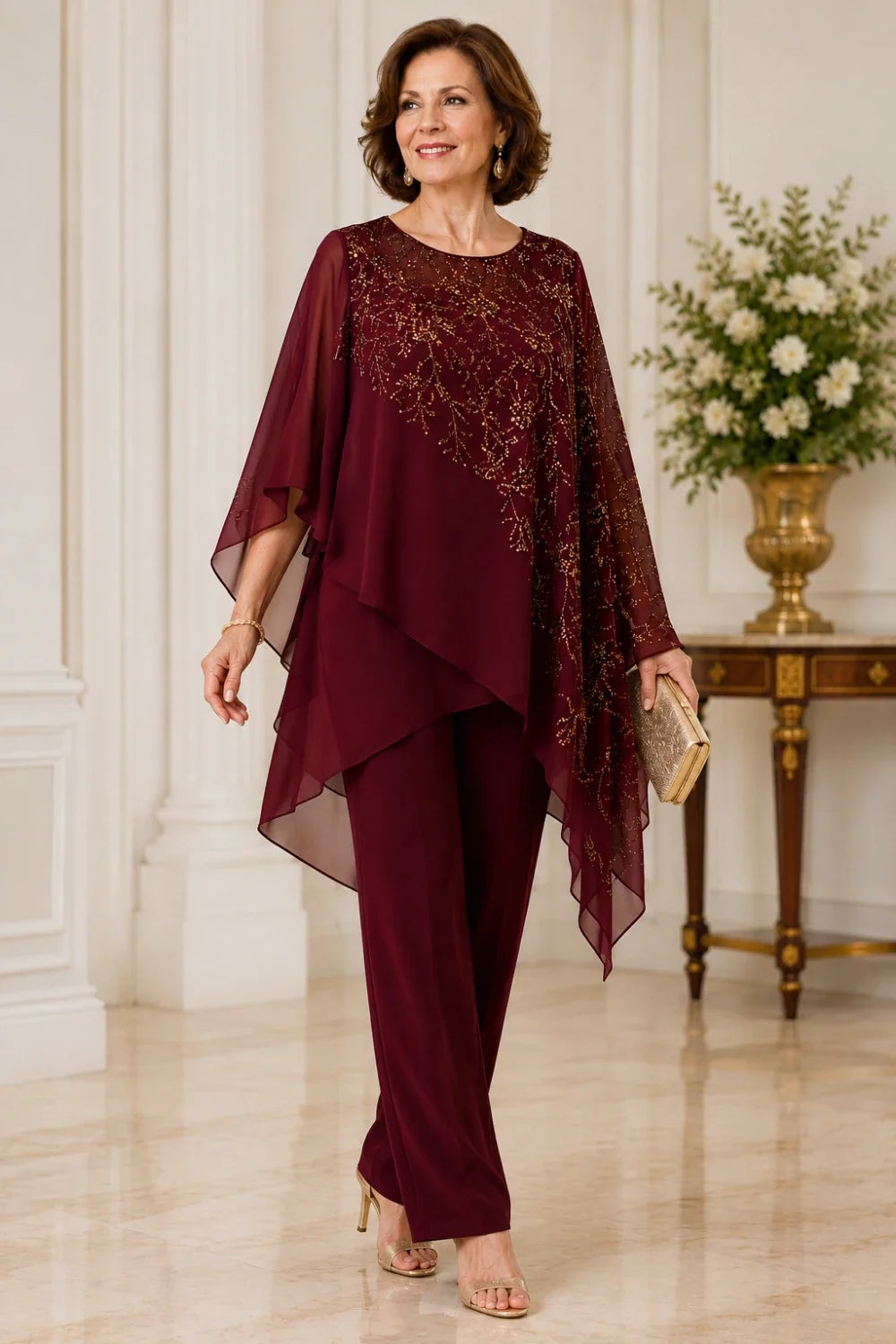 Embroidered Chiffon Overlay Mother of the Bride Pant Suit