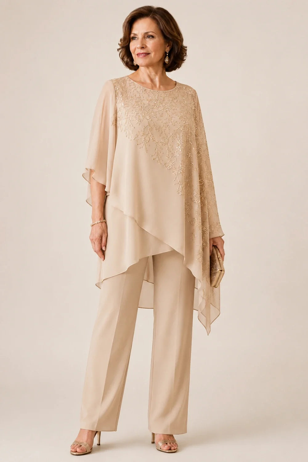 Embroidered Chiffon Overlay Mother of the Bride Pant Suit