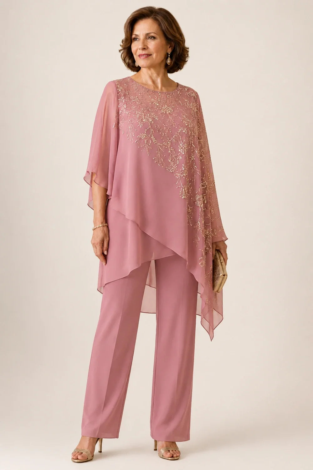 Embroidered Chiffon Overlay Mother of the Bride Pant Suit
