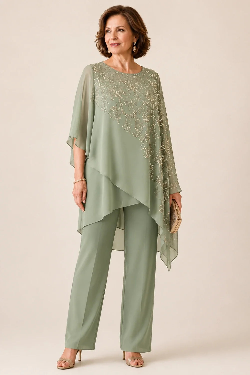 Embroidered Chiffon Overlay Mother of the Bride Pant Suit