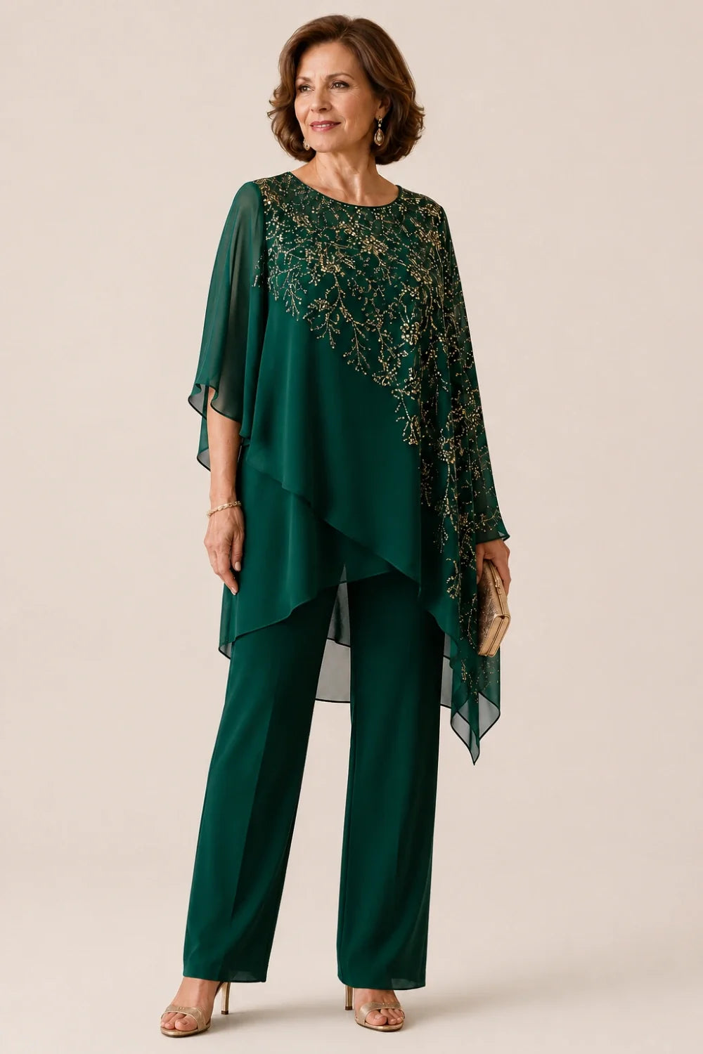 Embroidered Chiffon Overlay Mother of the Bride Pant Suit