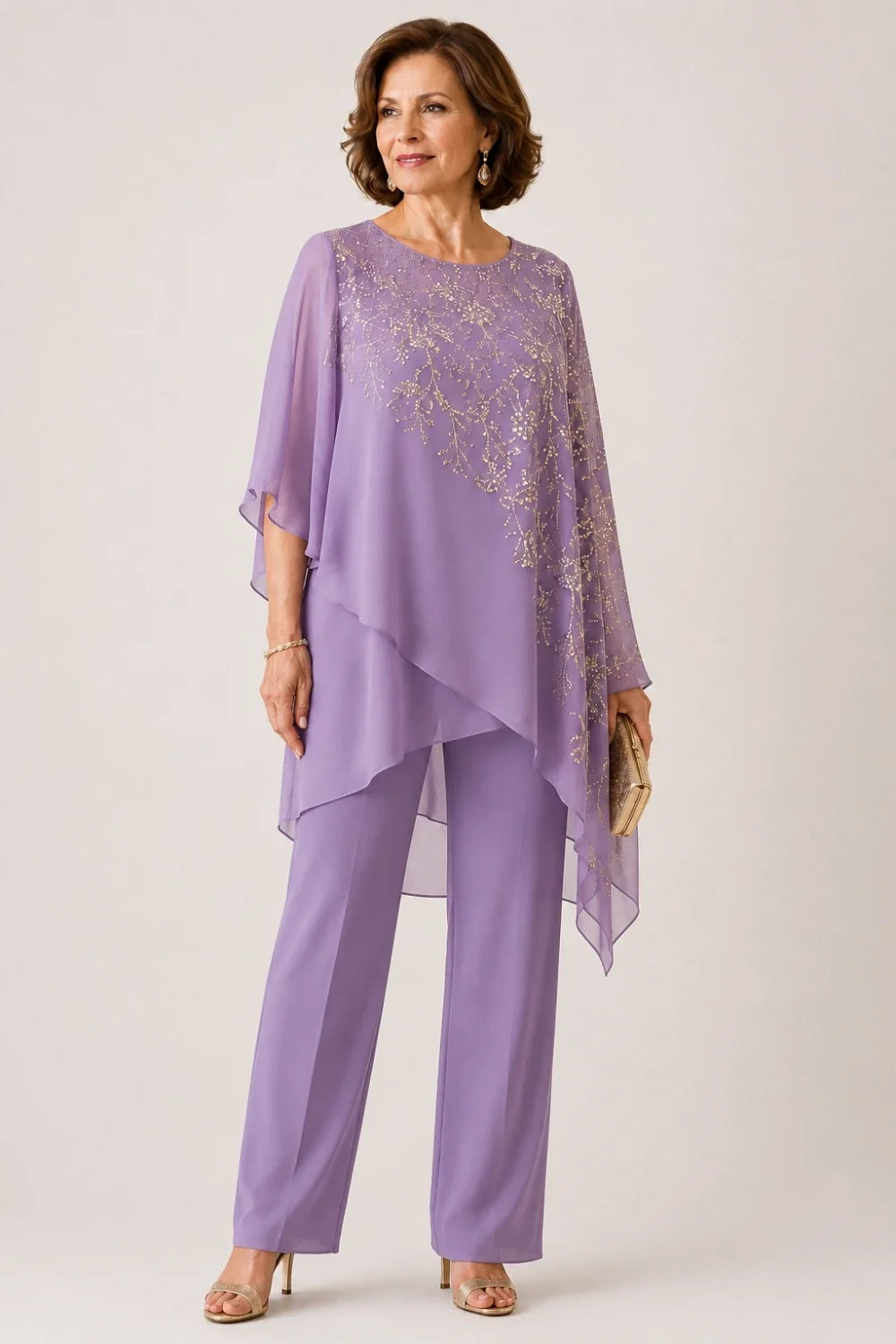 Embroidered Chiffon Overlay Mother of the Bride Pant Suit
