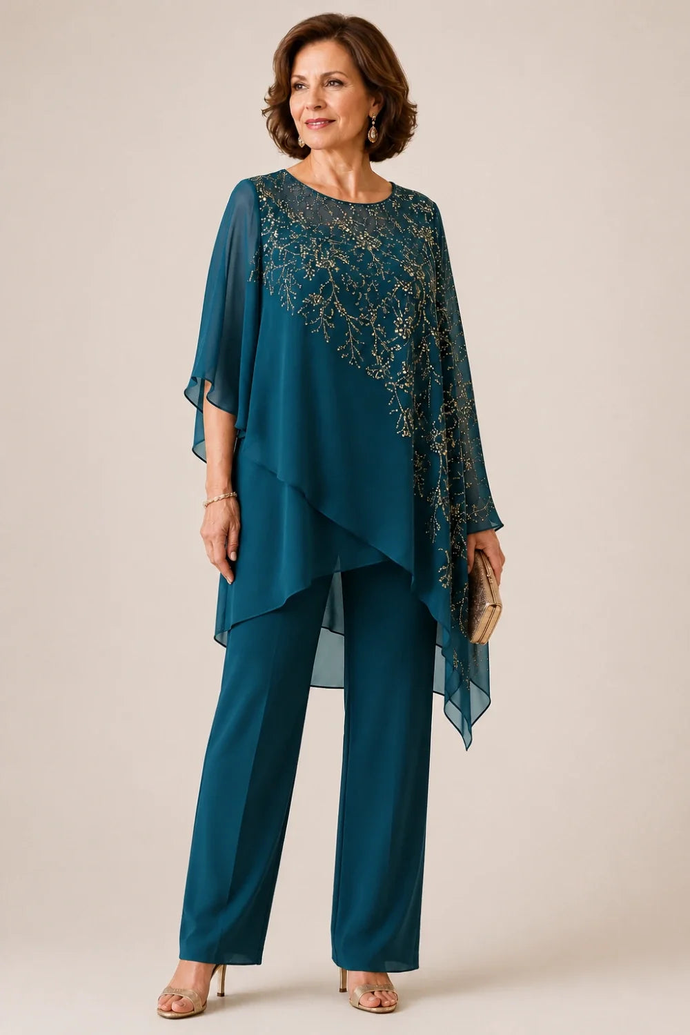 Embroidered Chiffon Overlay Mother of the Bride Pant Suit
