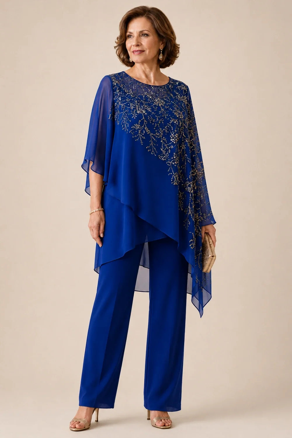 Embroidered Chiffon Overlay Mother of the Bride Pant Suit