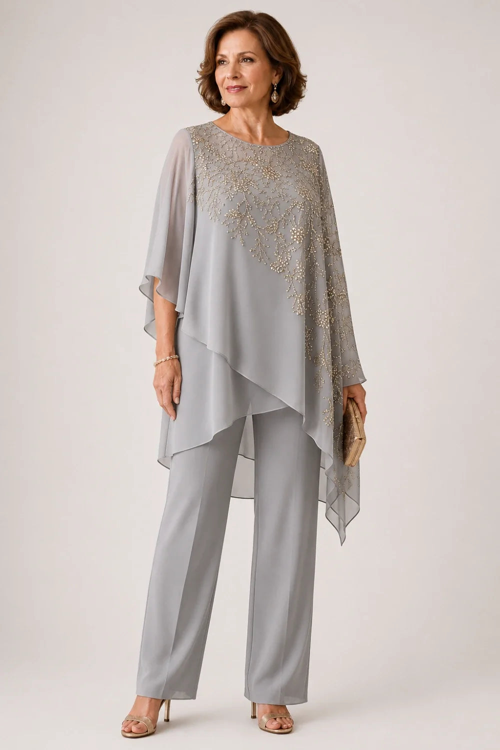 Embroidered Chiffon Overlay Mother of the Bride Pant Suit