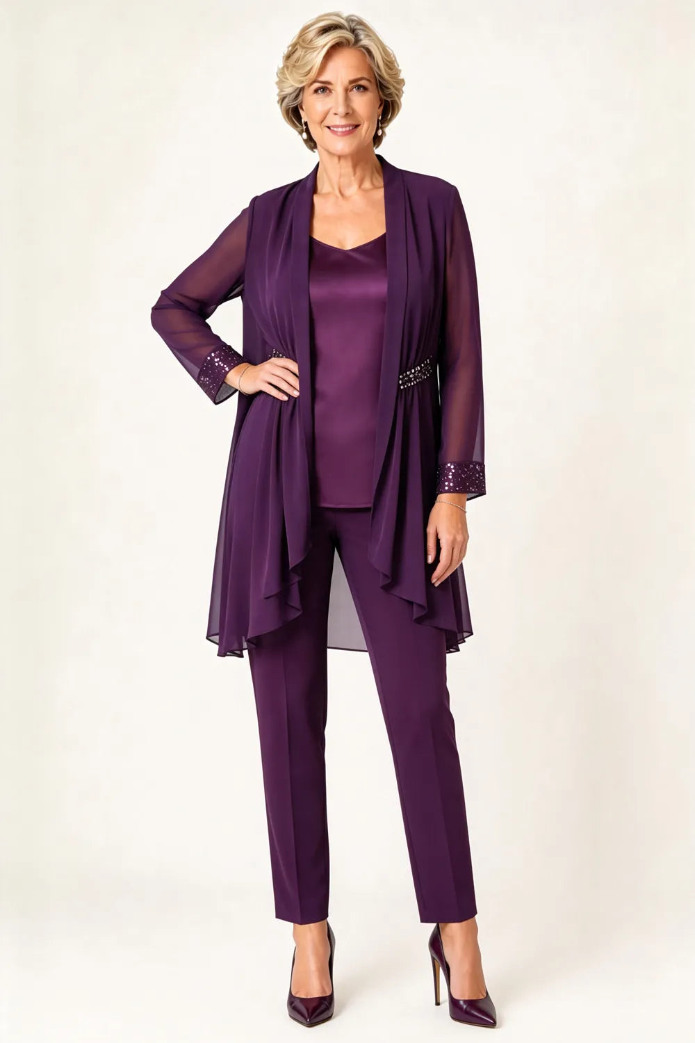 Sheer Chiffon Overlay Wedding Guest Pant Set