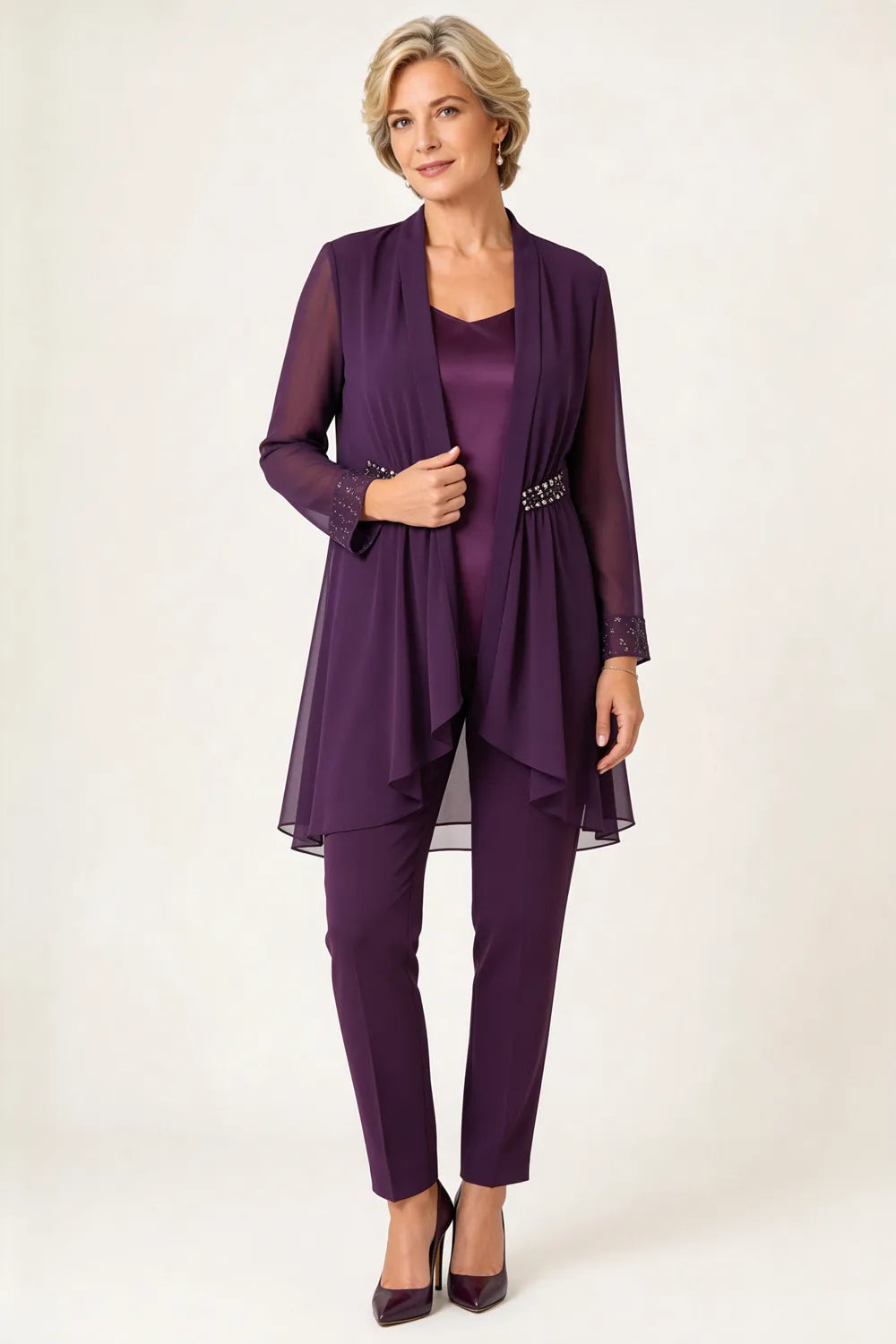 Sheer Chiffon Overlay Wedding Guest Pant Set