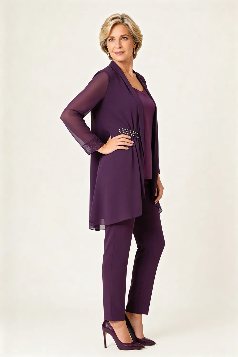 Sheer Chiffon Overlay Wedding Guest Pant Set