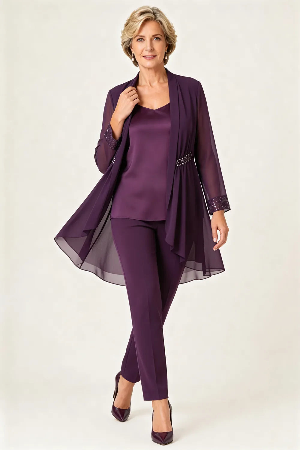 Sheer Chiffon Overlay Wedding Guest Pant Set