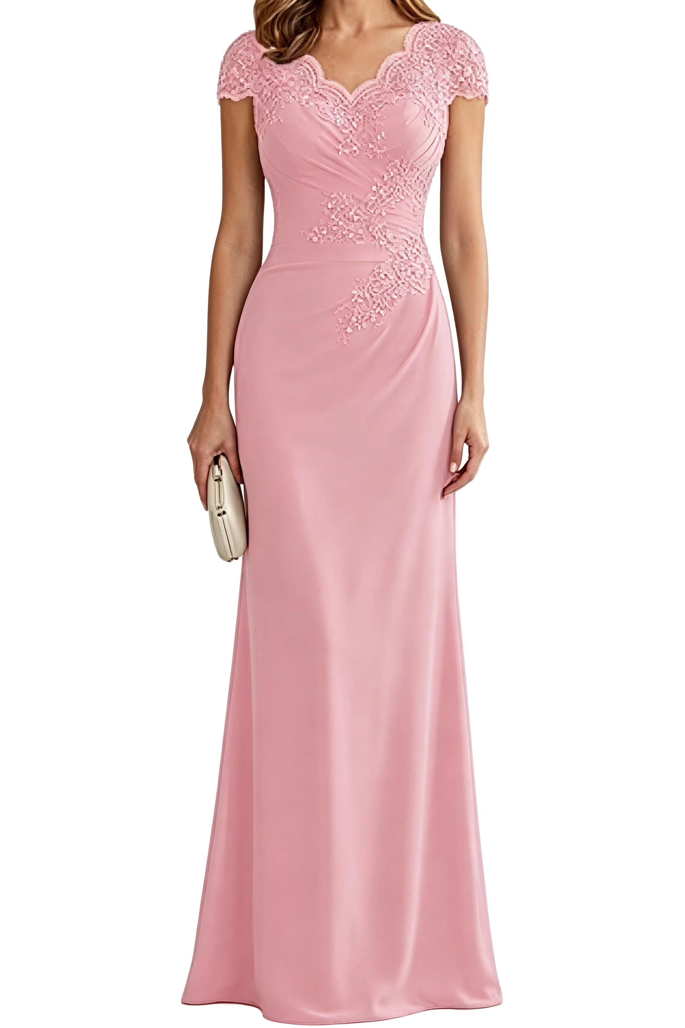 Lace Embellished Cap Sleeve Fitted Formal Evening Gown