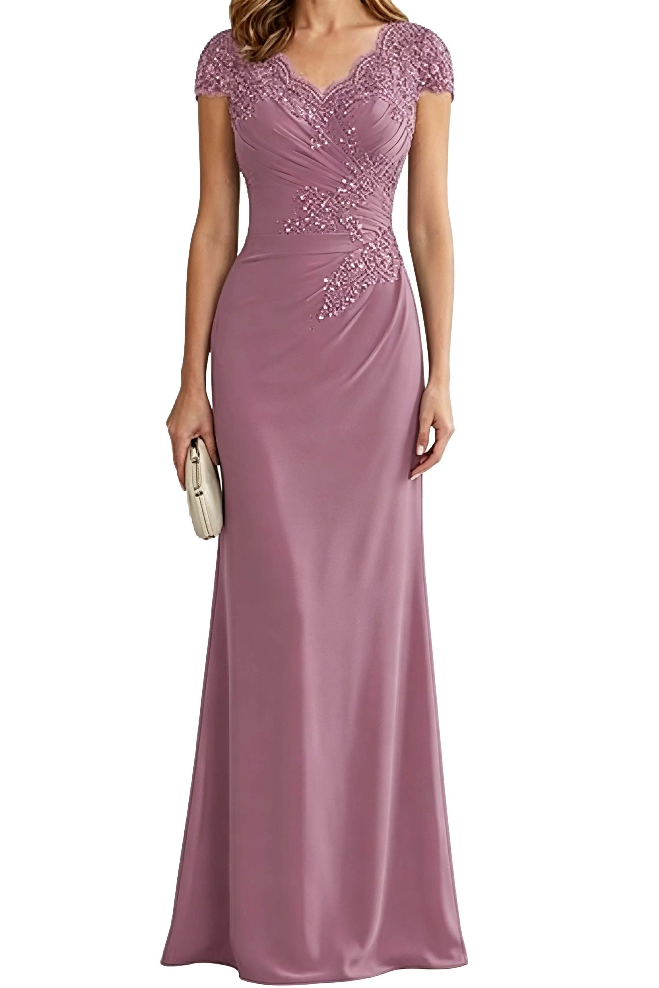 Lace Embellished Cap Sleeve Fitted Formal Evening Gown