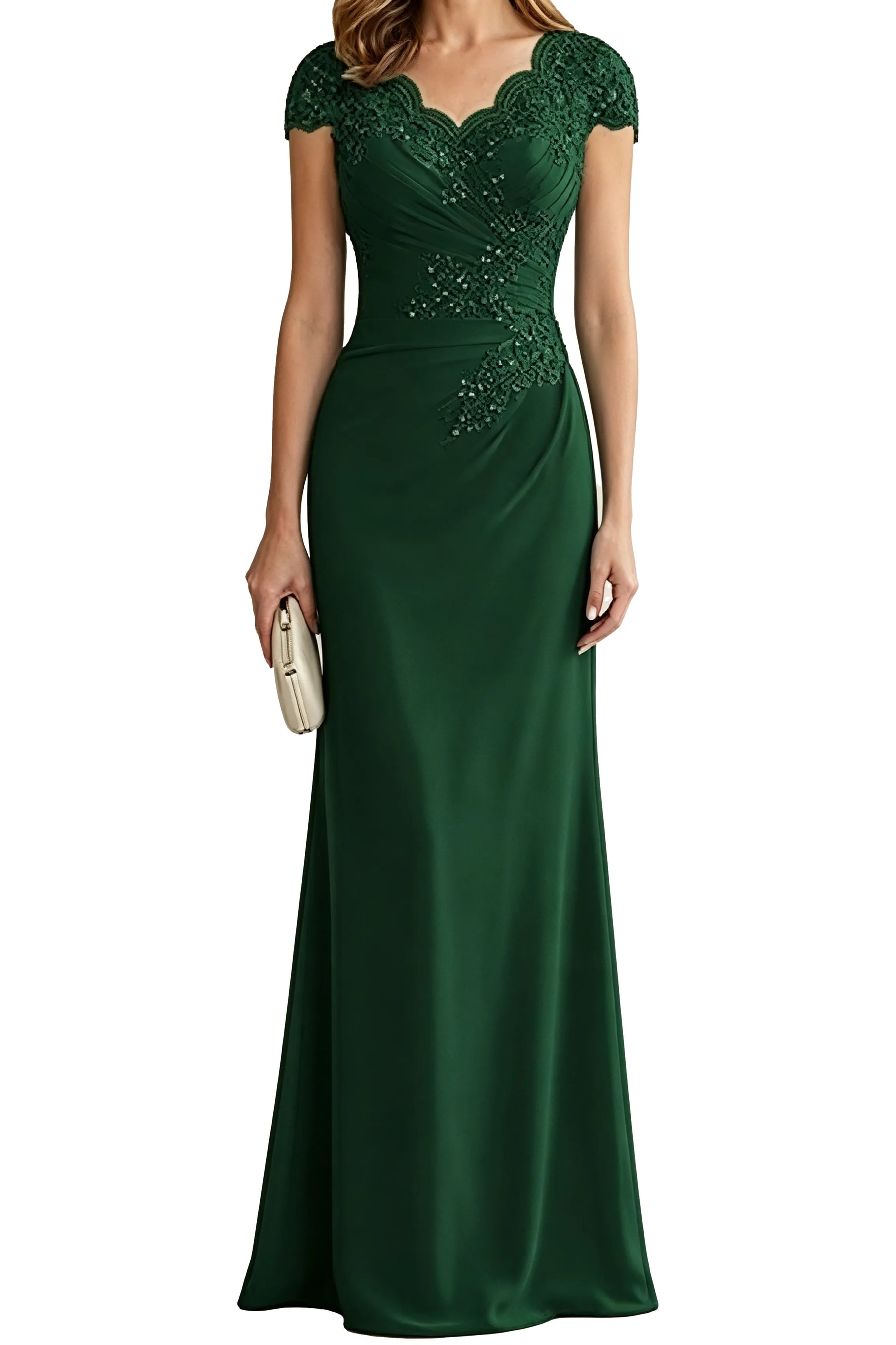 Lace Embellished Cap Sleeve Fitted Formal Evening Gown
