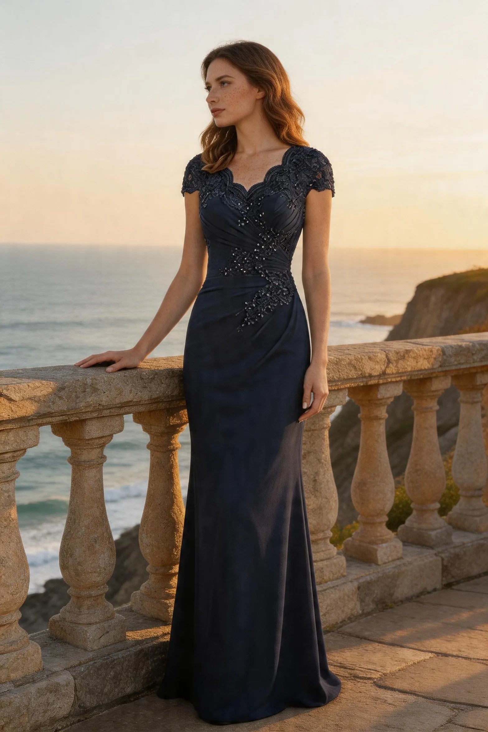 Lace Embellished Cap Sleeve Fitted Formal Evening Gown
