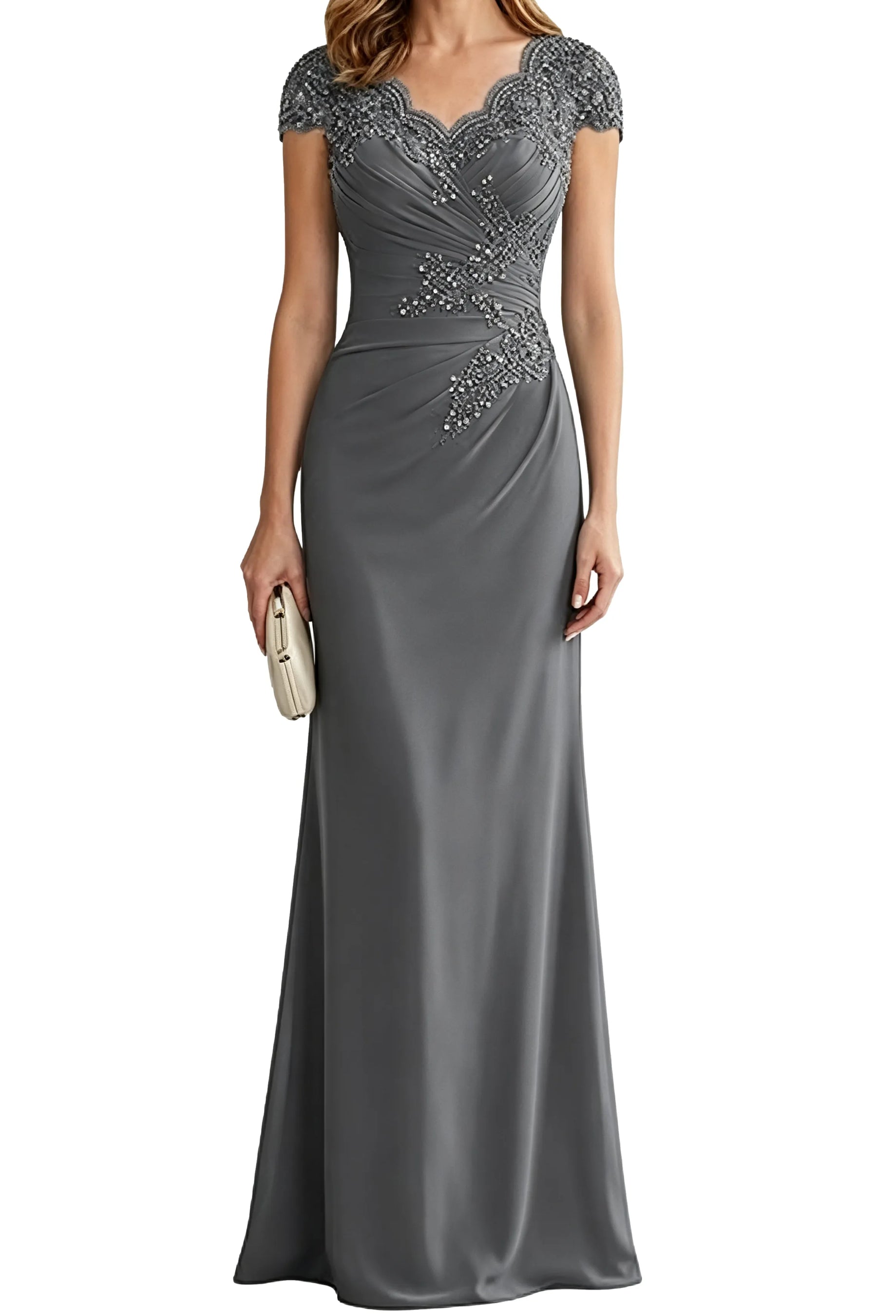 Lace Embellished Cap Sleeve Fitted Formal Evening Gown