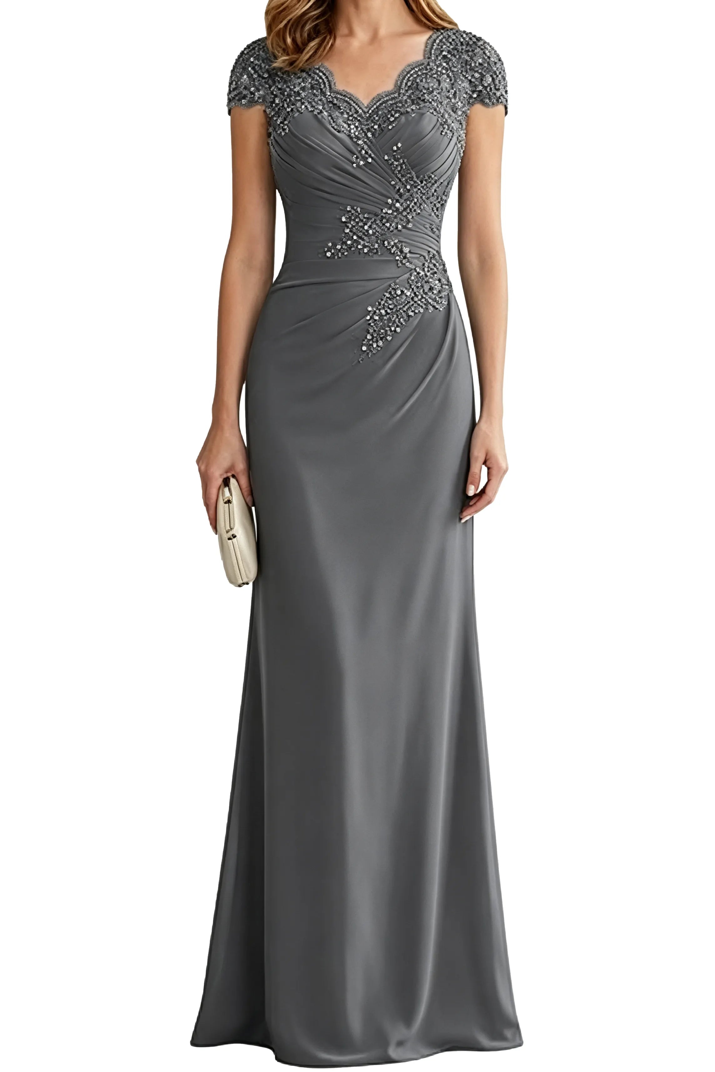 Lace Embellished Cap Sleeve Fitted Formal Evening Gown
