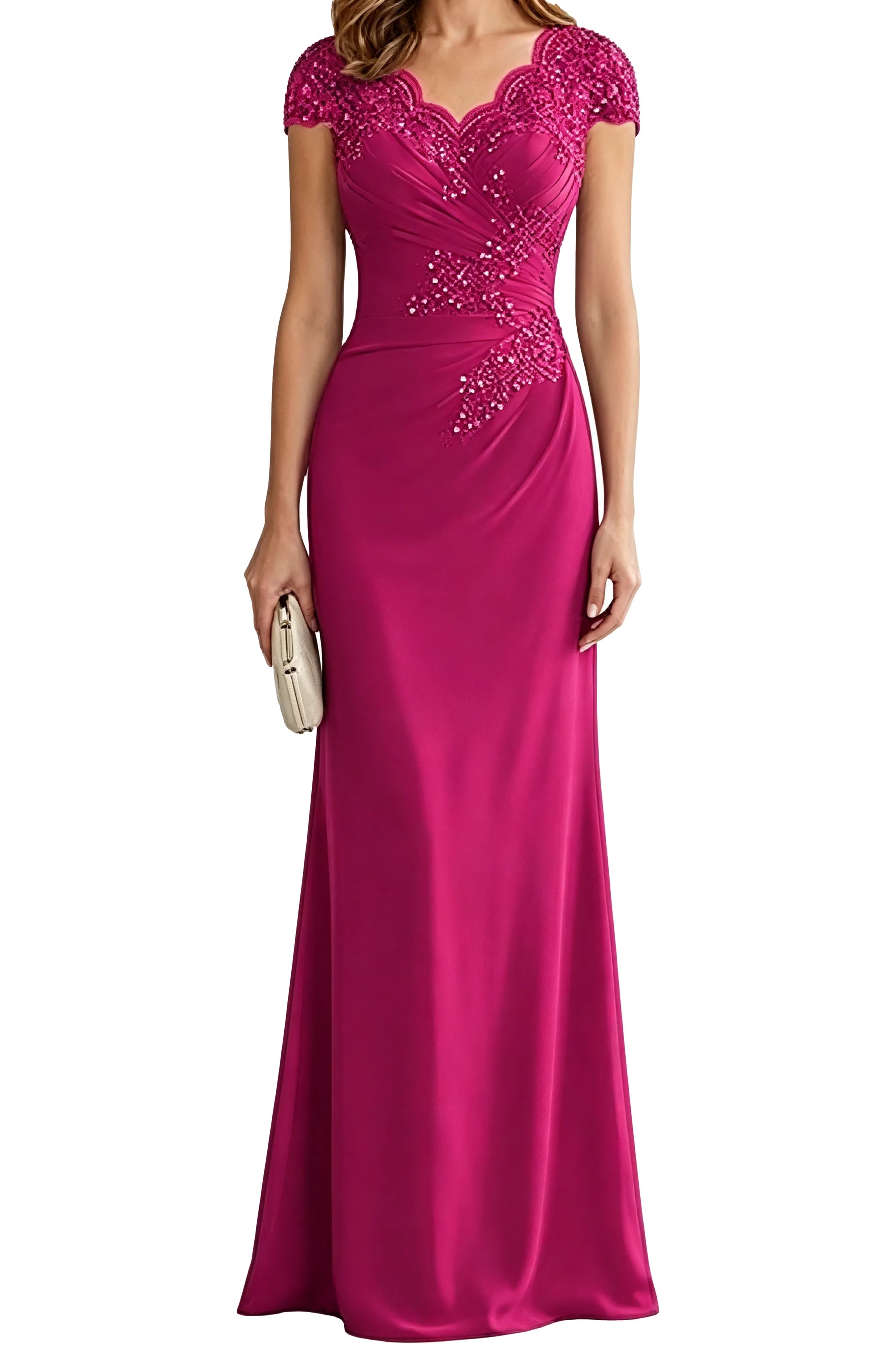 Lace Embellished Cap Sleeve Fitted Formal Evening Gown