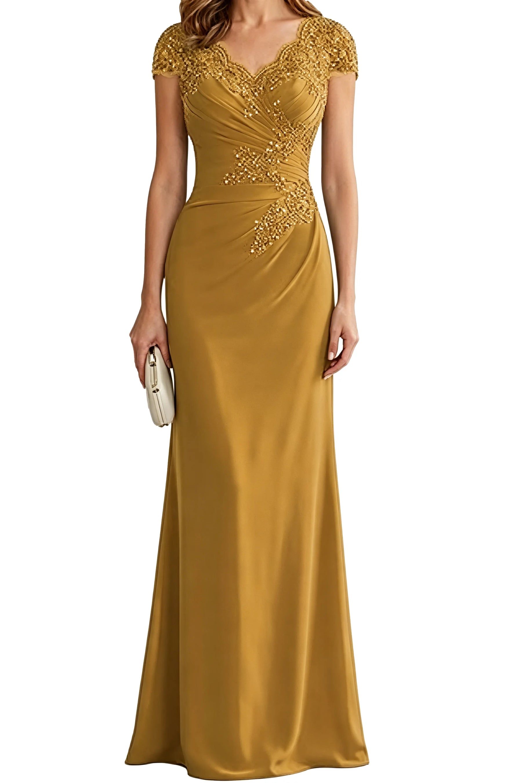 Lace Embellished Cap Sleeve Fitted Formal Evening Gown