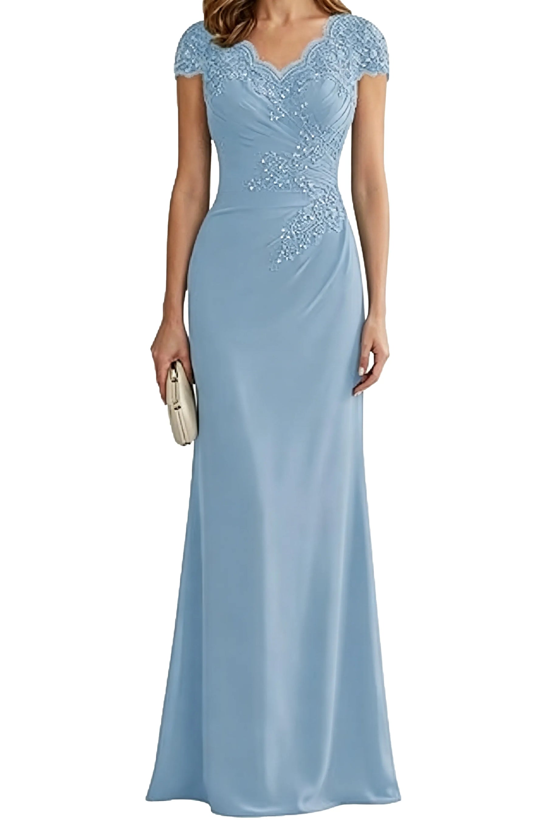 Lace Embellished Cap Sleeve Fitted Formal Evening Gown