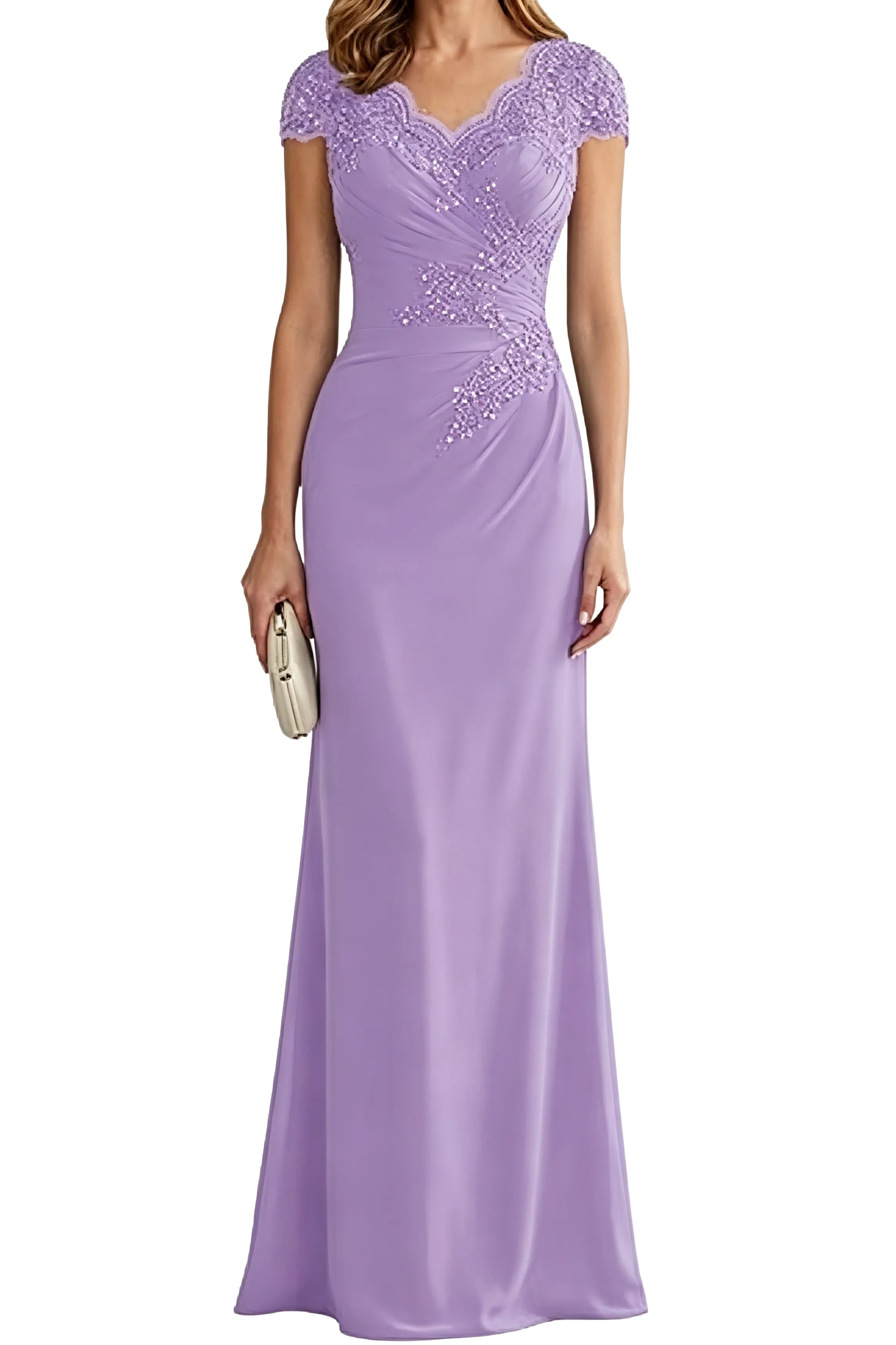 Lace Embellished Cap Sleeve Fitted Formal Evening Gown