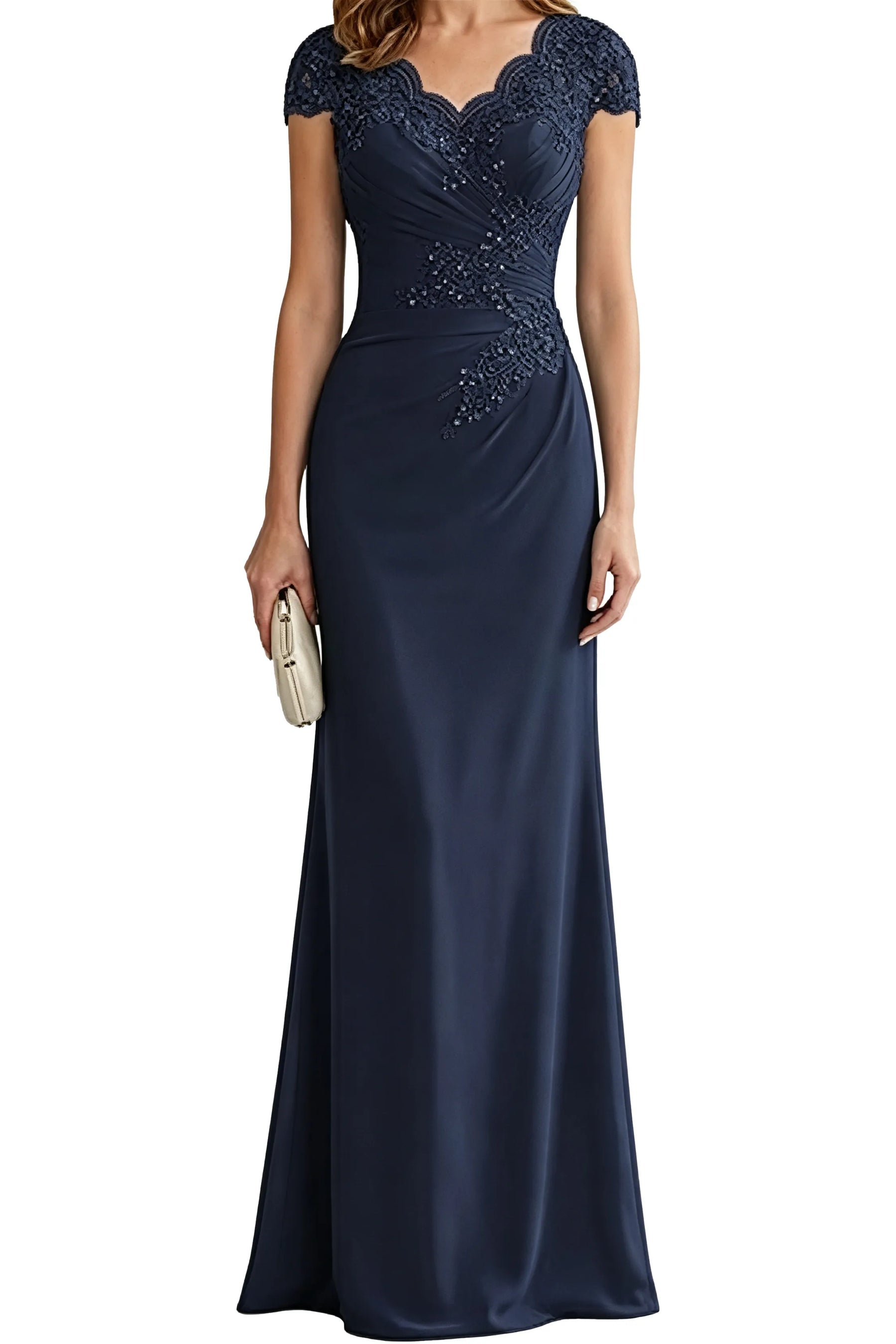 Lace Embellished Cap Sleeve Fitted Formal Evening Gown