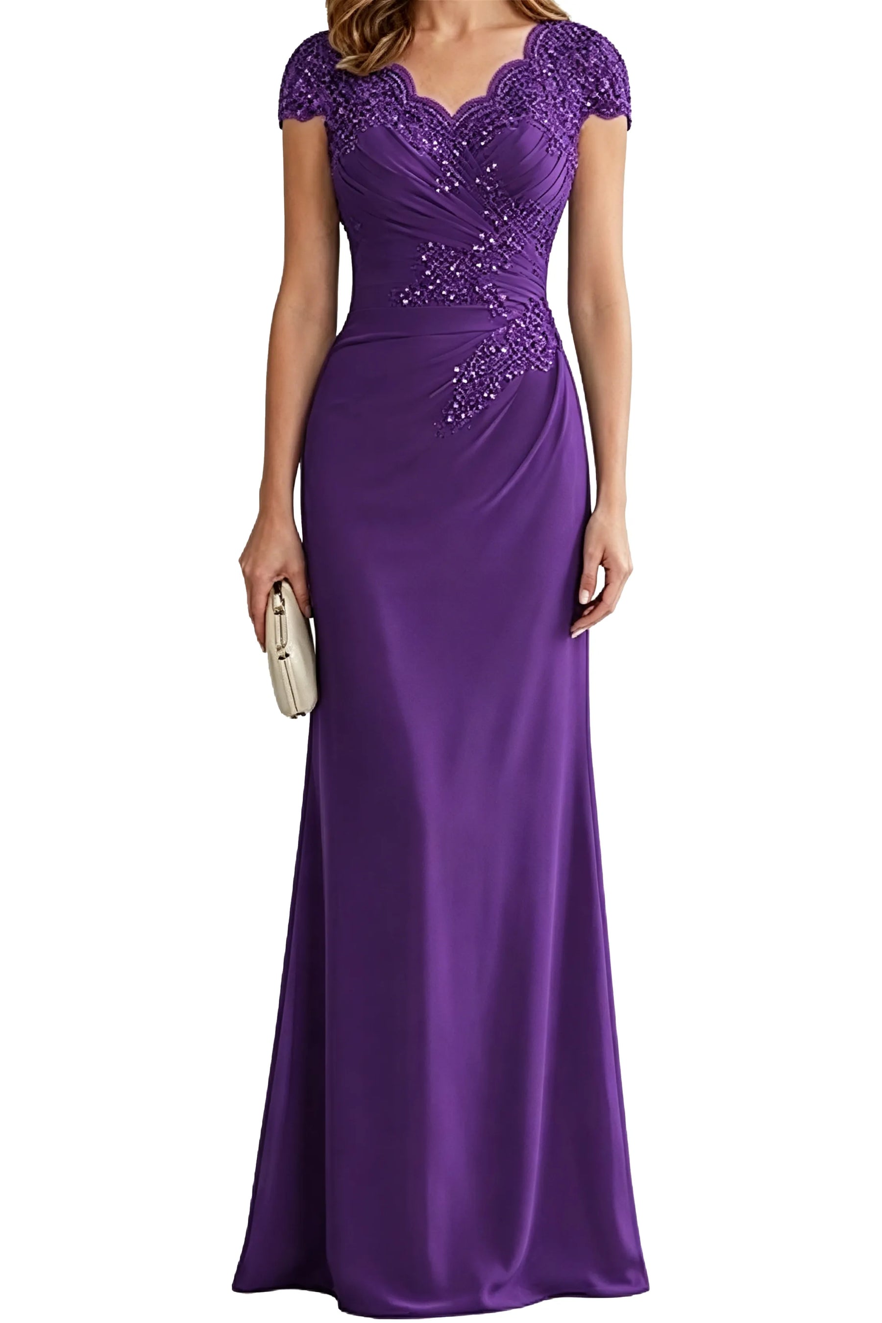 Lace Embellished Cap Sleeve Fitted Formal Evening Gown