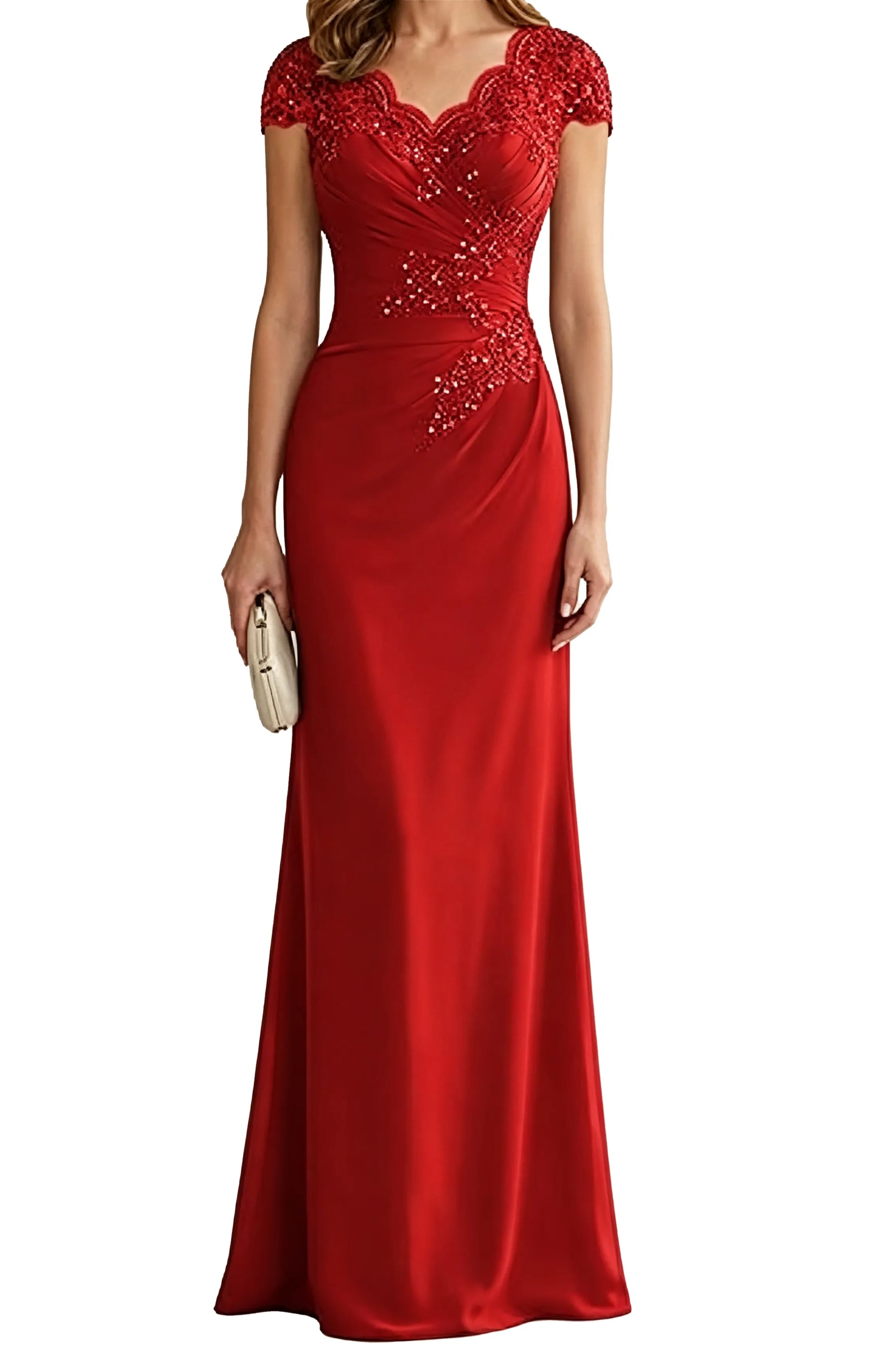 Lace Embellished Cap Sleeve Fitted Formal Evening Gown
