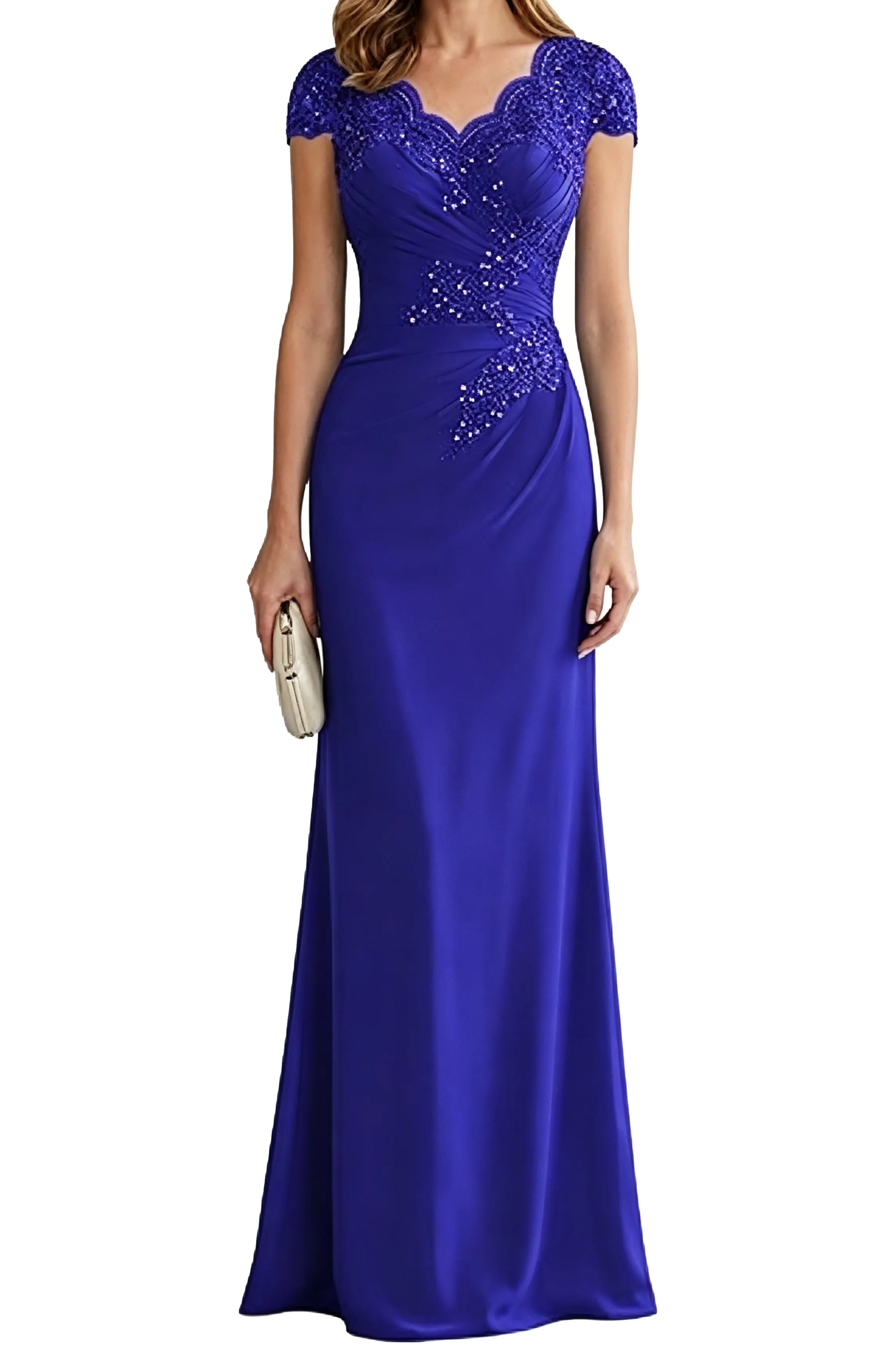 Lace Embellished Cap Sleeve Fitted Formal Evening Gown