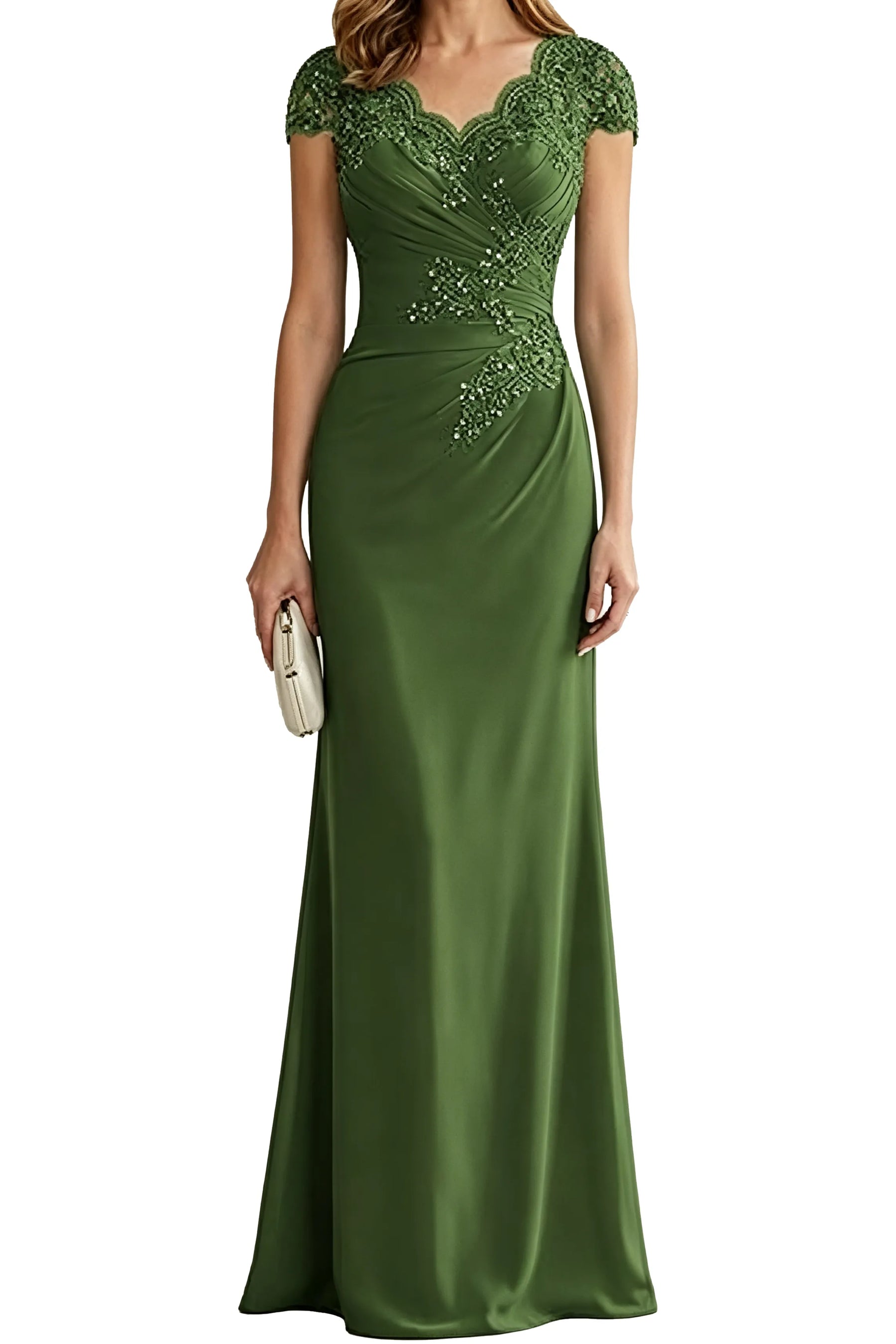 Lace Embellished Cap Sleeve Fitted Formal Evening Gown