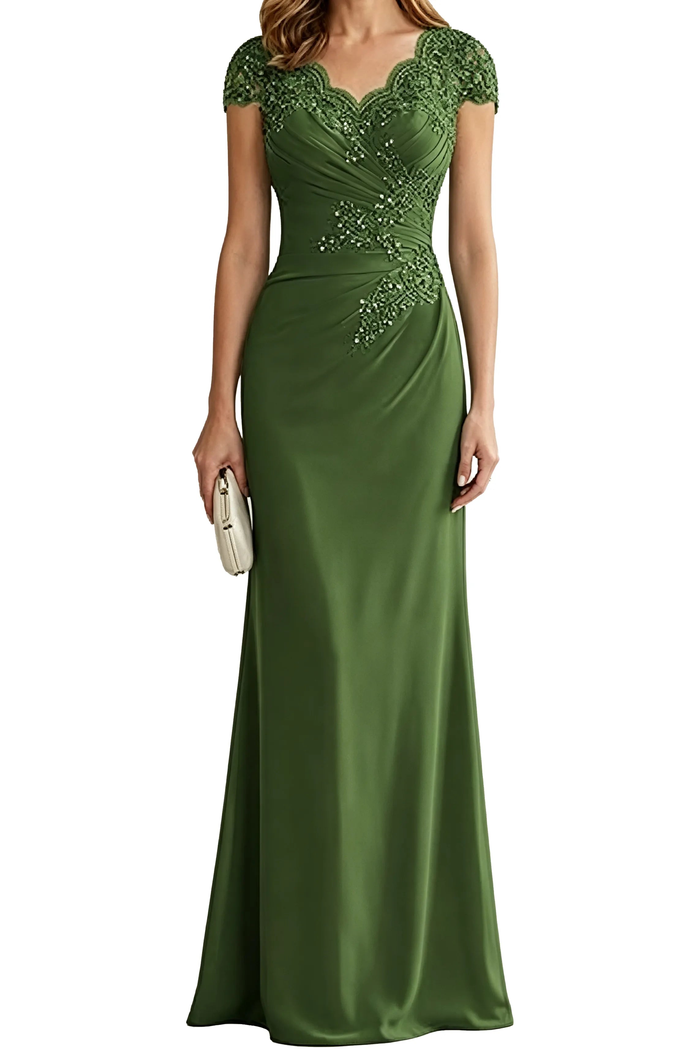 Lace Embellished Cap Sleeve Fitted Formal Evening Gown