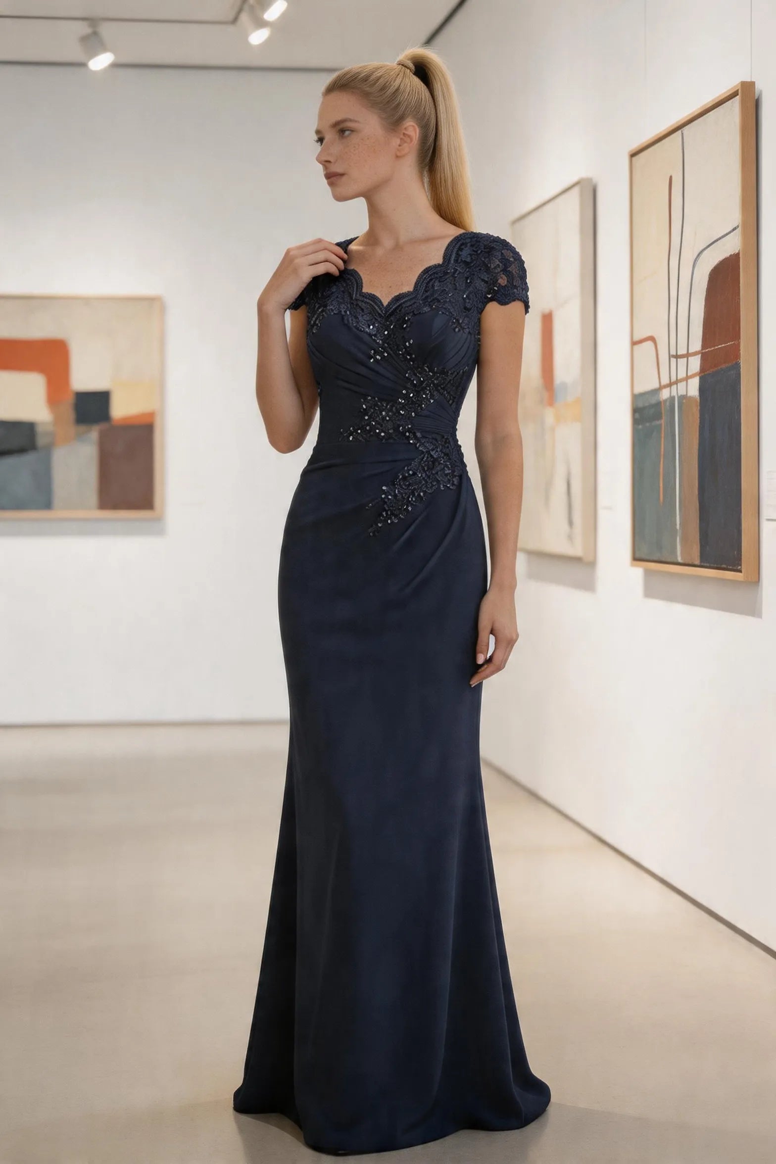 Lace Embellished Cap Sleeve Fitted Formal Evening Gown
