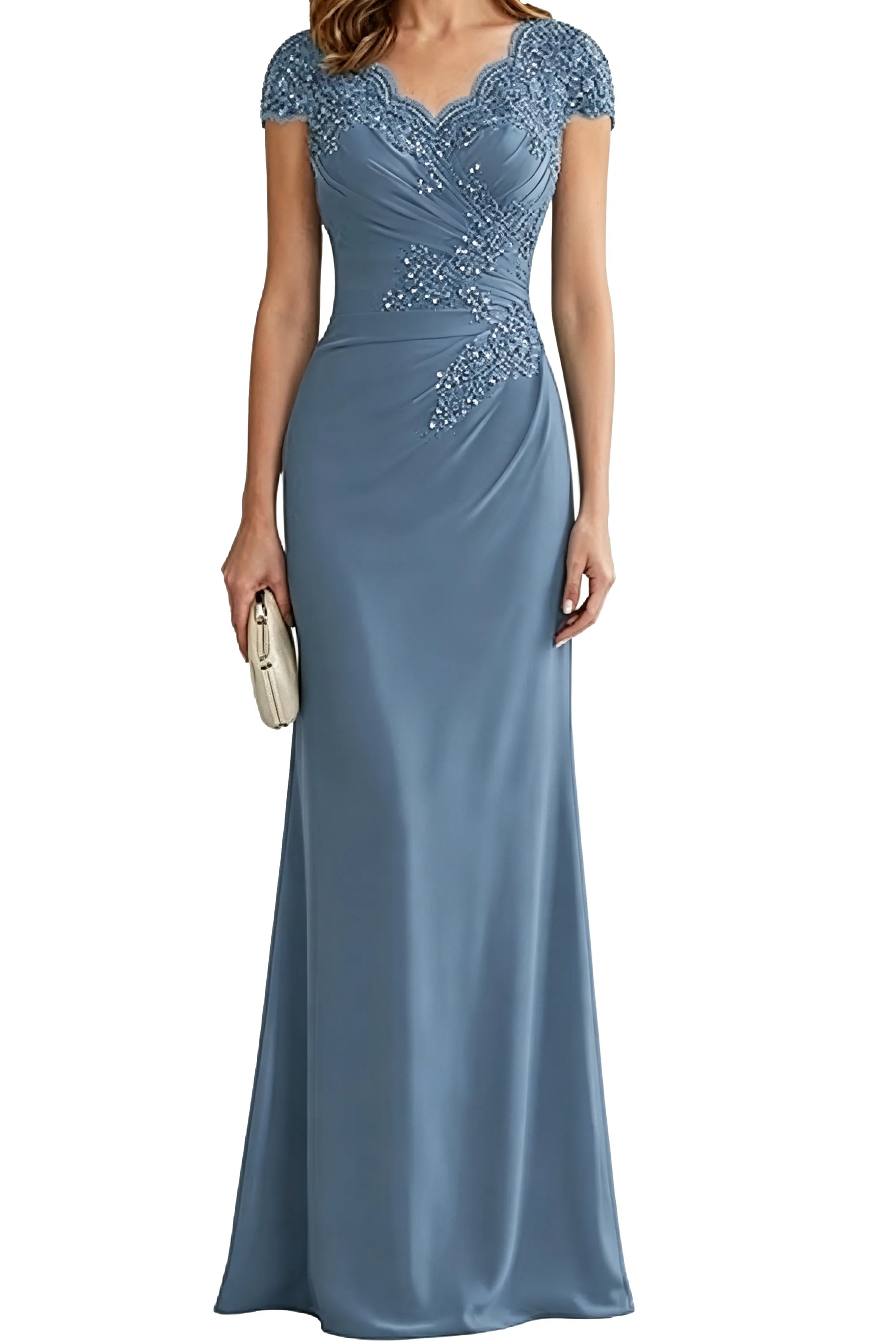 Lace Embellished Cap Sleeve Fitted Formal Evening Gown