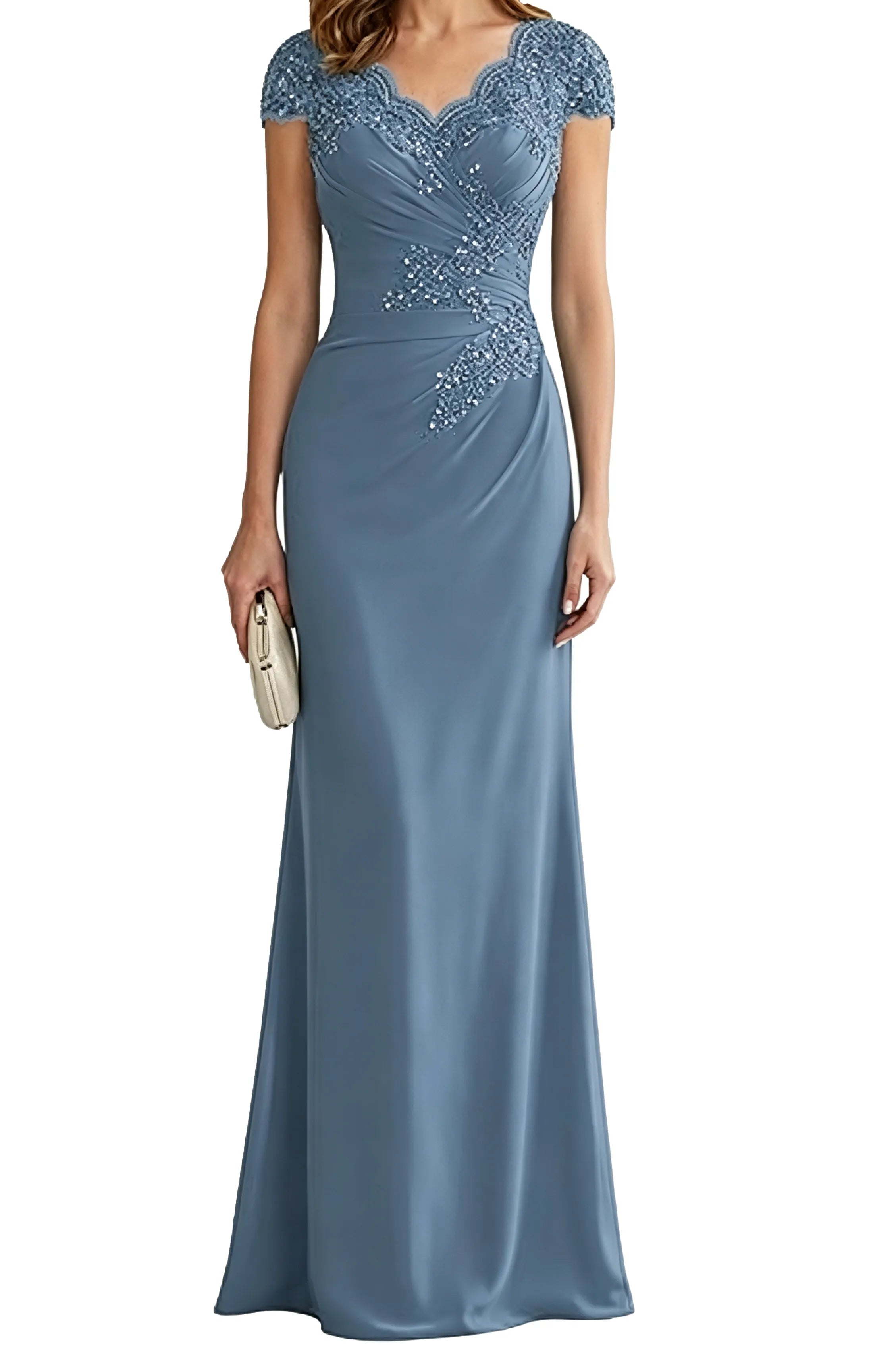 Lace Embellished Cap Sleeve Fitted Formal Evening Gown