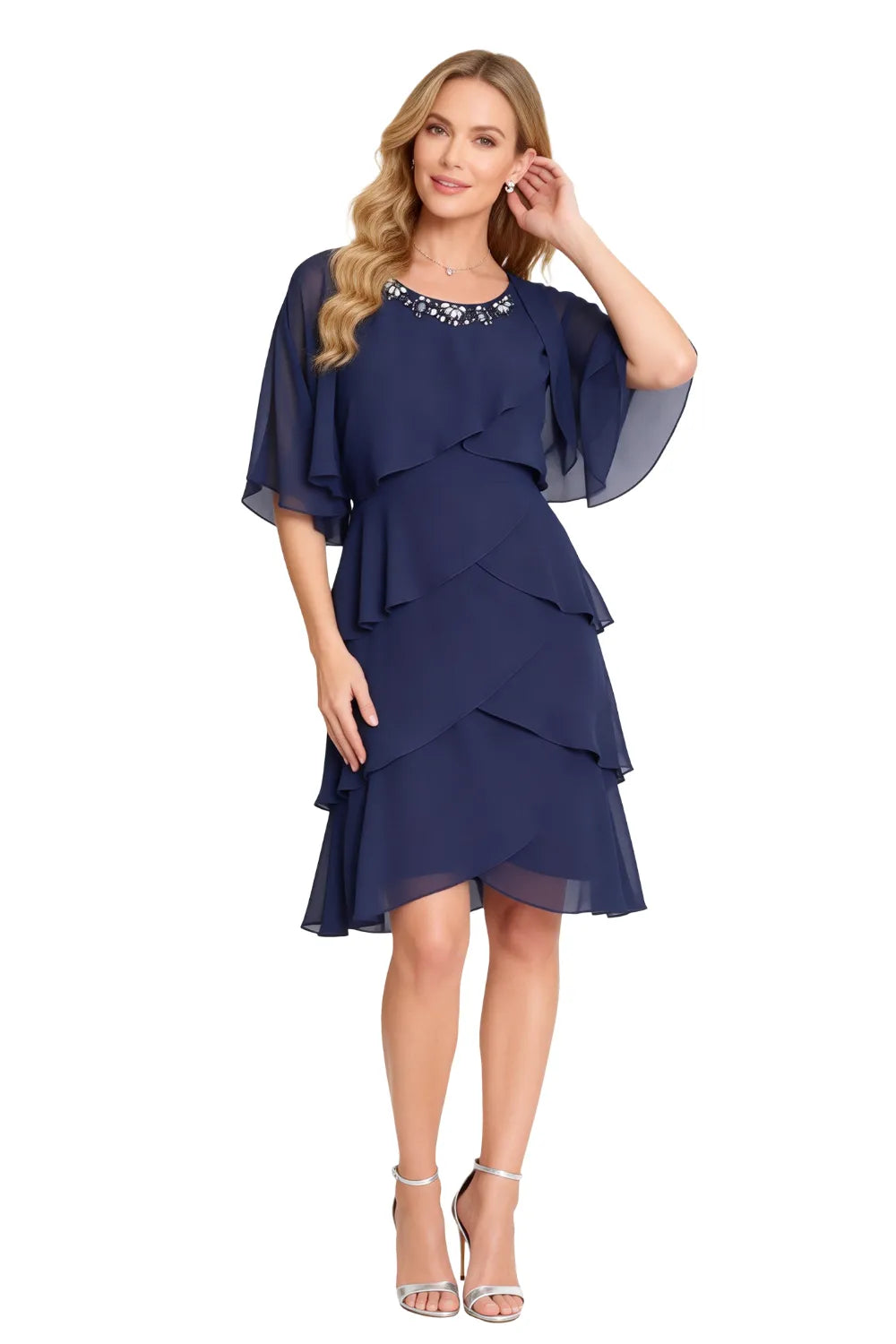 Chic Tiered Chiffon Dress with Sheer Sleeves