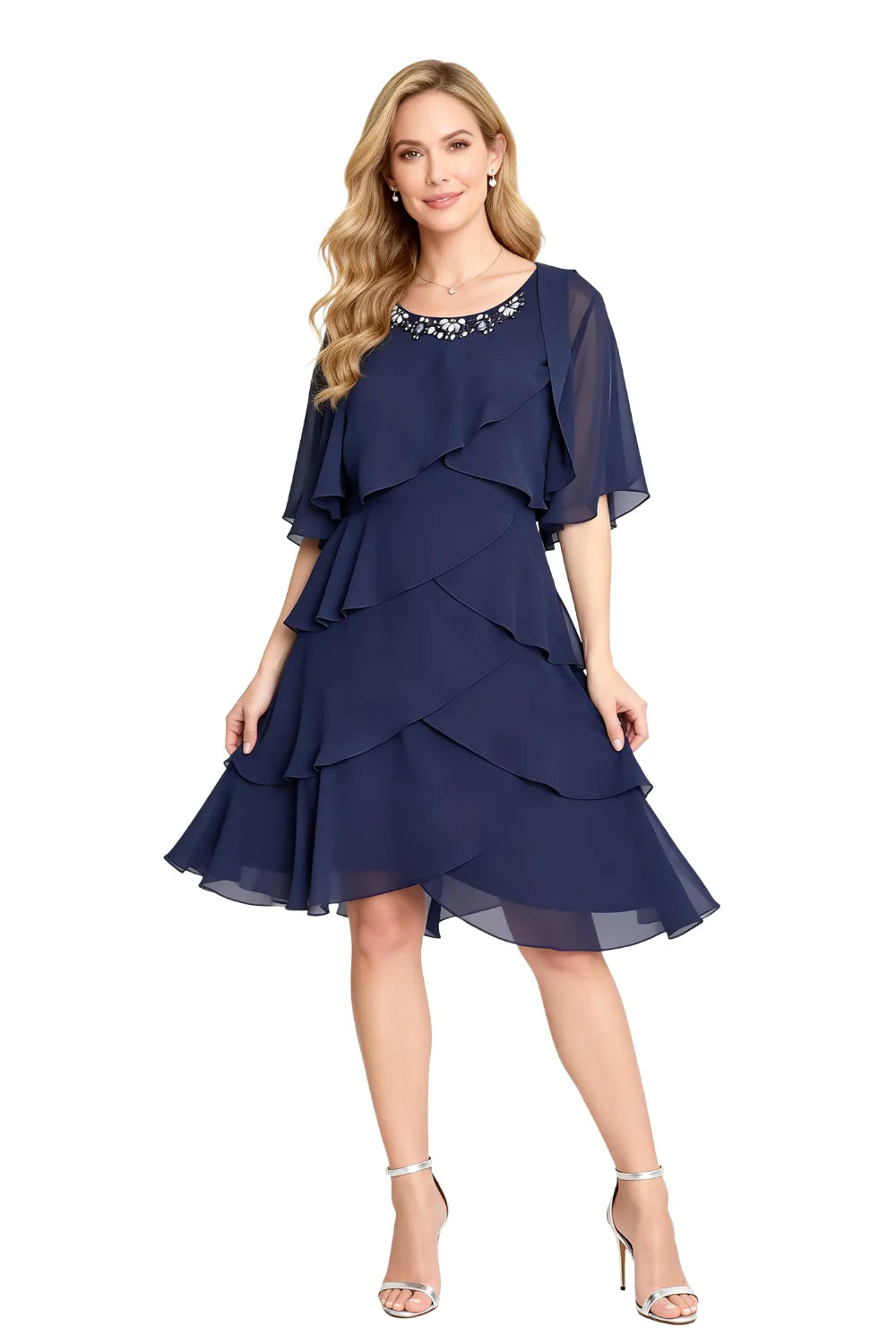 Chic Tiered Chiffon Dress with Sheer Sleeves