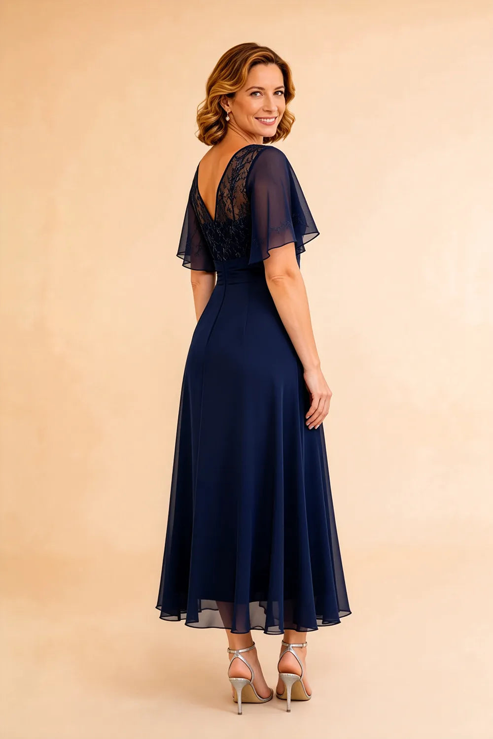 Refined Lace Panel Chiffon Occasion Midi Dress