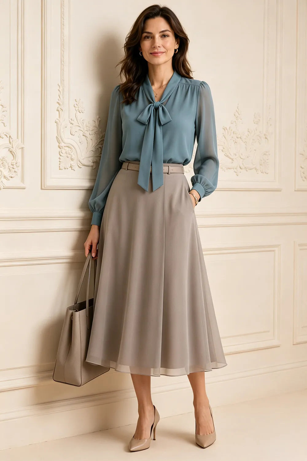 Graceful Bow Neck Chiffon Midi Dress