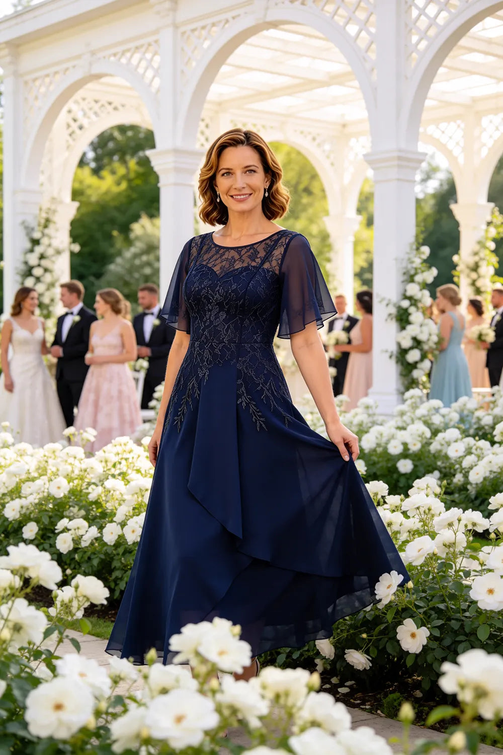 Refined Lace Panel Chiffon Occasion Midi Dress