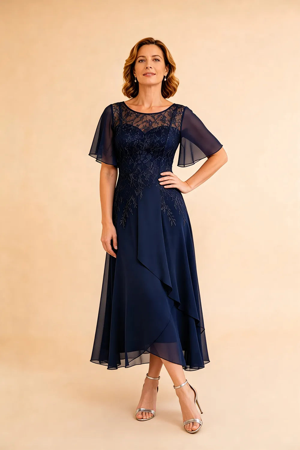 Refined Lace Panel Chiffon Occasion Midi Dress