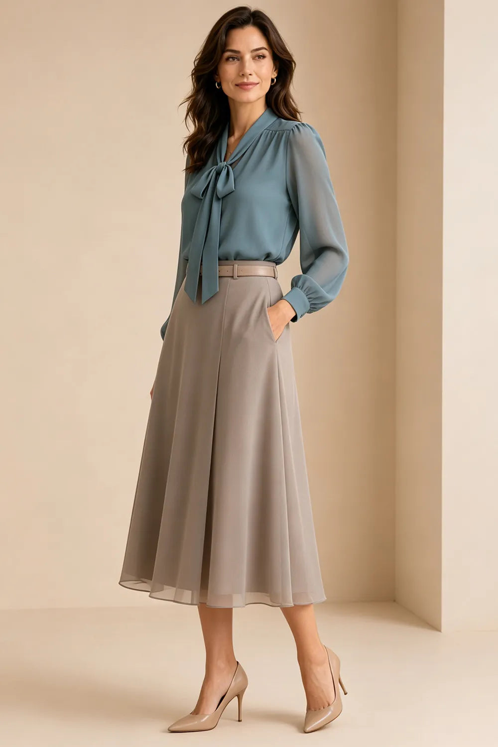 Graceful Bow Neck Chiffon Midi Dress