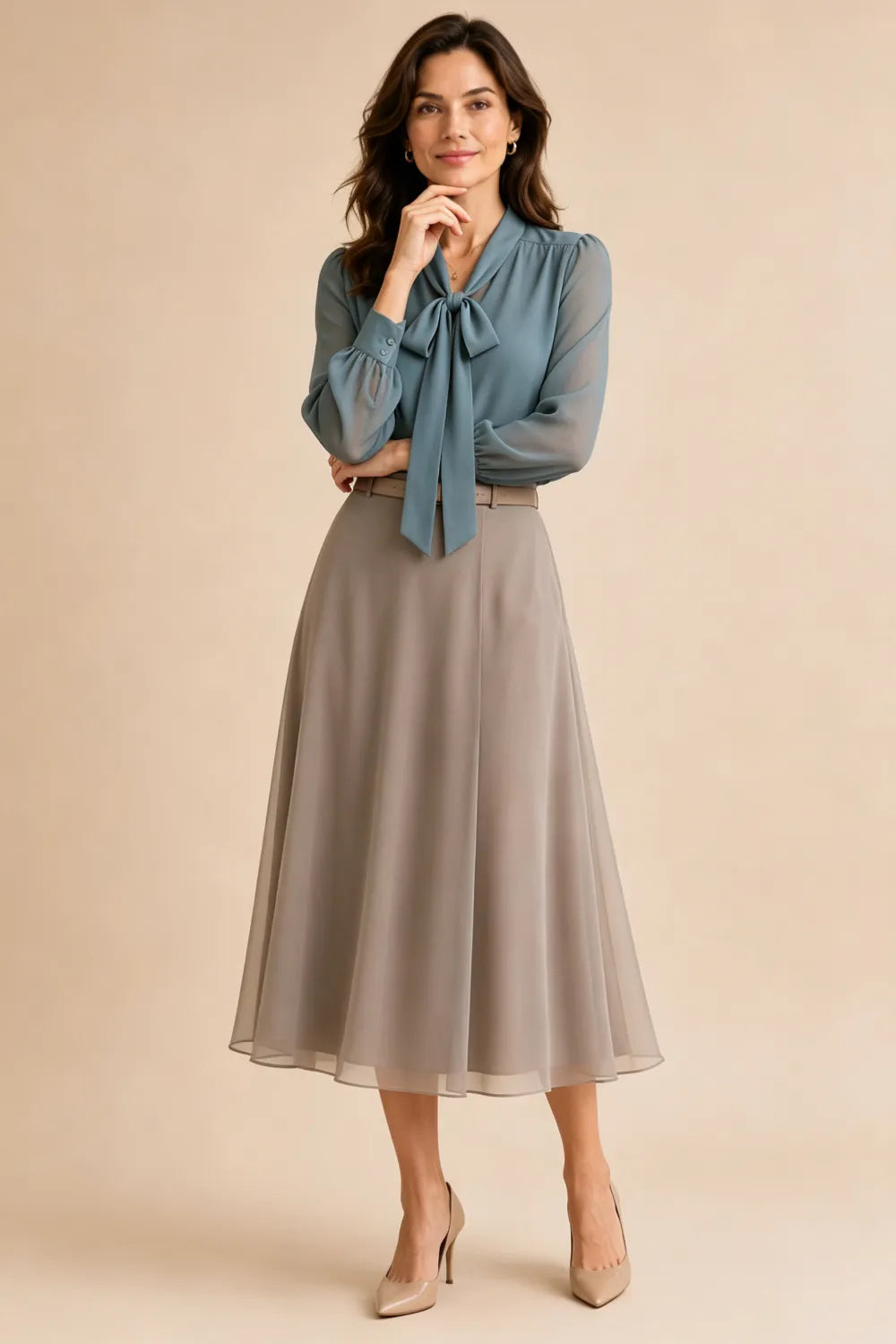 Graceful Bow Neck Chiffon Midi Dress