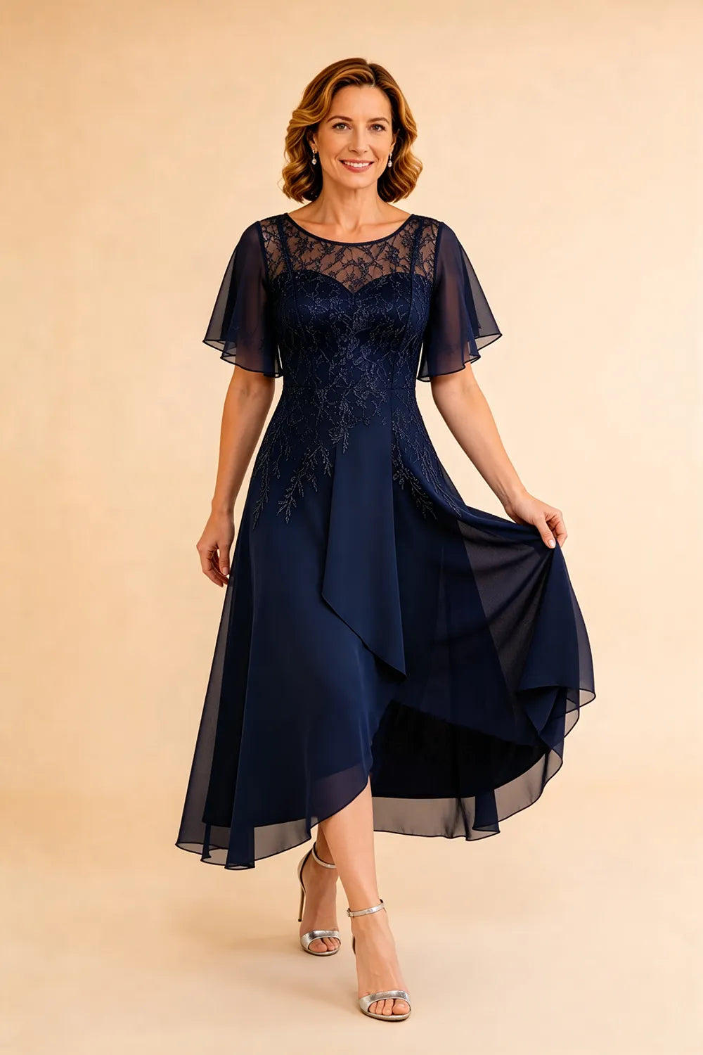 Refined Lace Panel Chiffon Occasion Midi Dress
