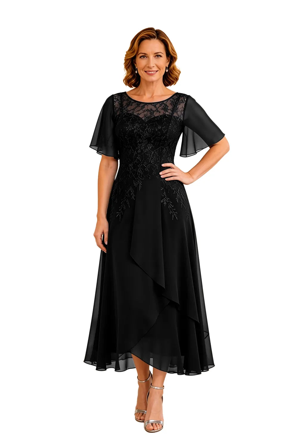 Refined Lace Panel Chiffon Occasion Midi Dress