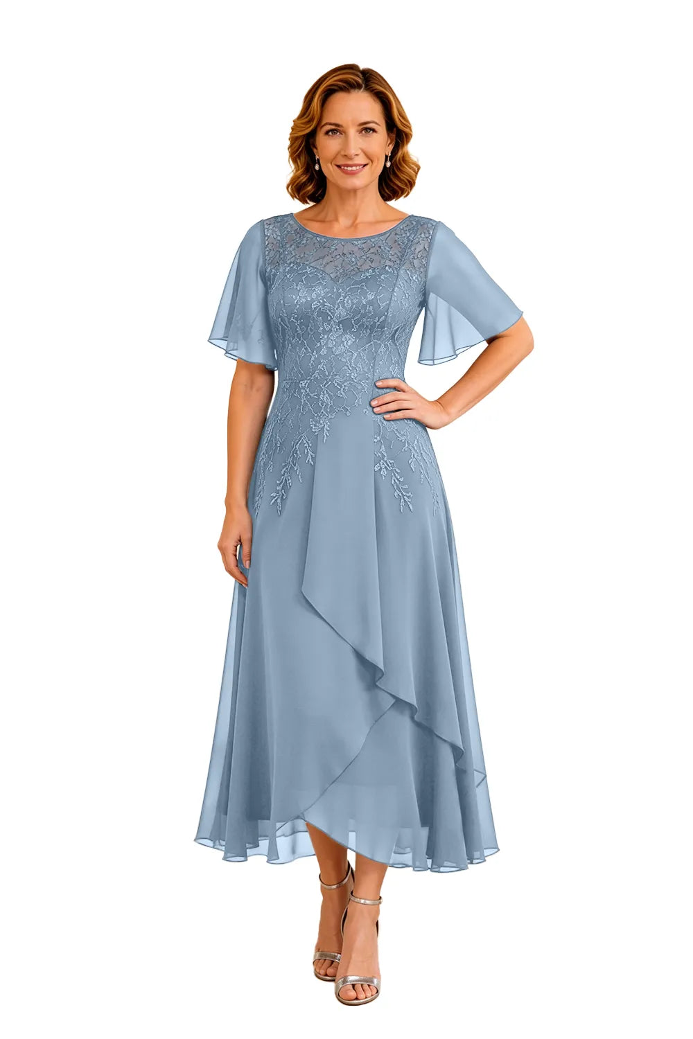 Refined Lace Panel Chiffon Occasion Midi Dress