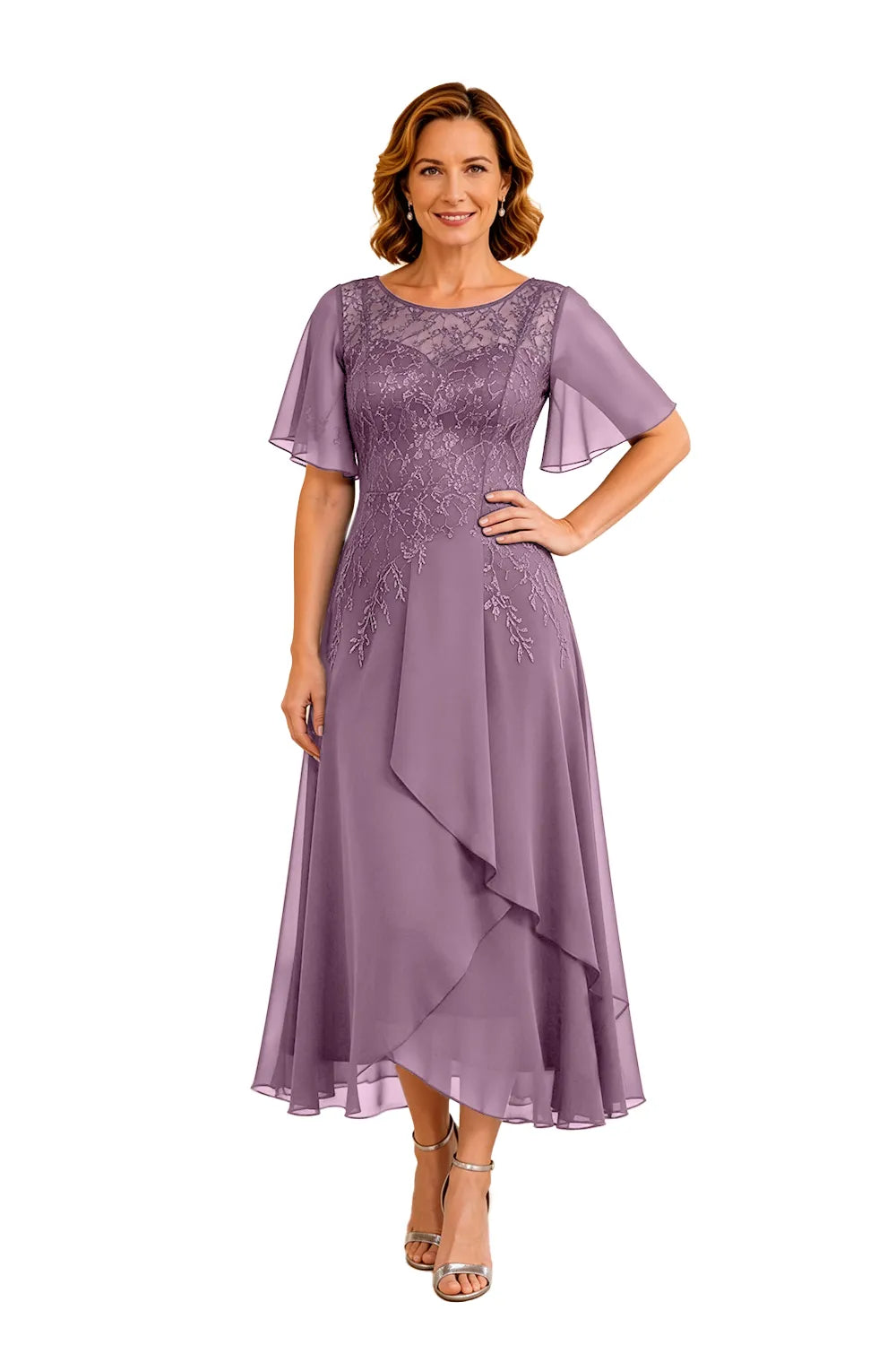 Refined Lace Panel Chiffon Occasion Midi Dress