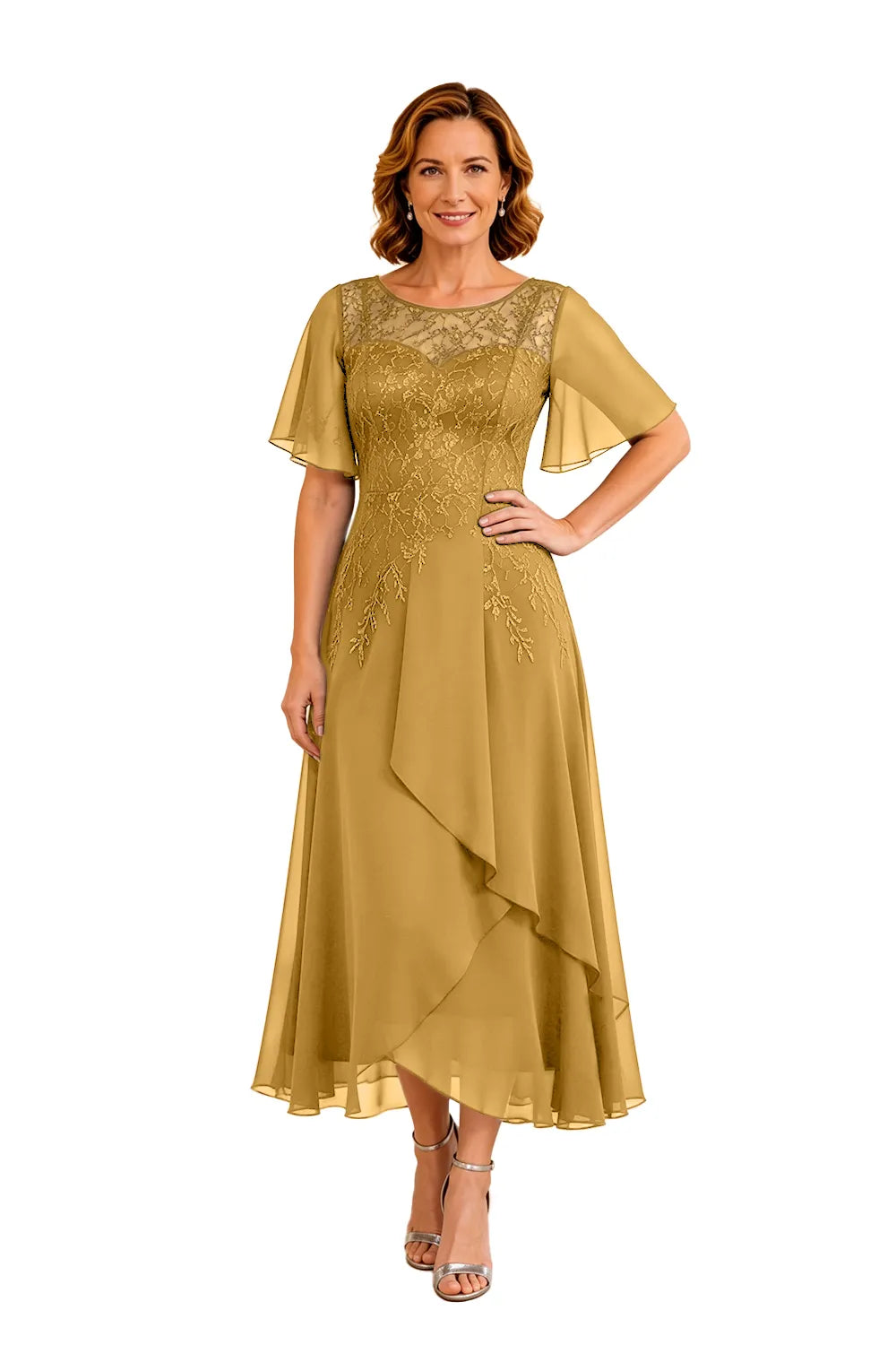 Refined Lace Panel Chiffon Occasion Midi Dress